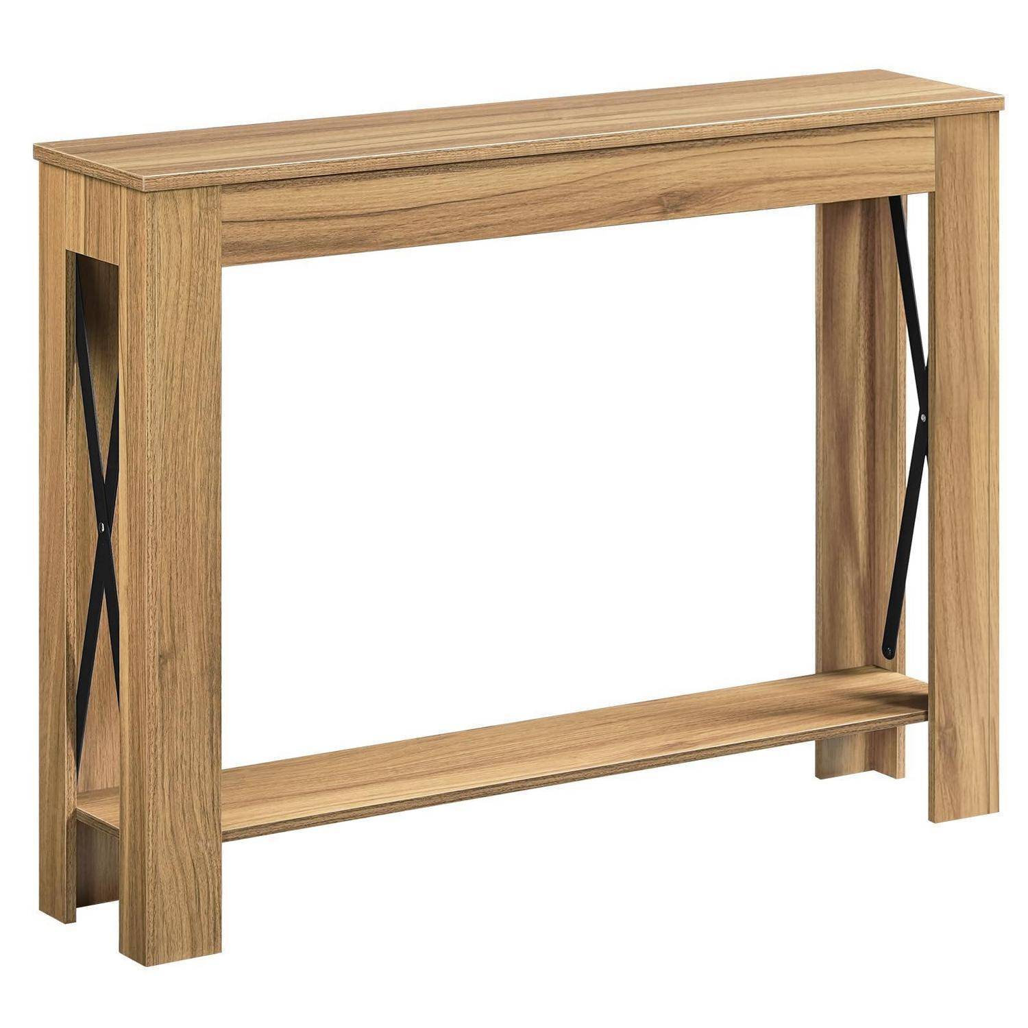 Holzkonsolentisch mit unterer Ablage und schwarzen Metallstützen mit X-Streben auf weißem Hintergrund.