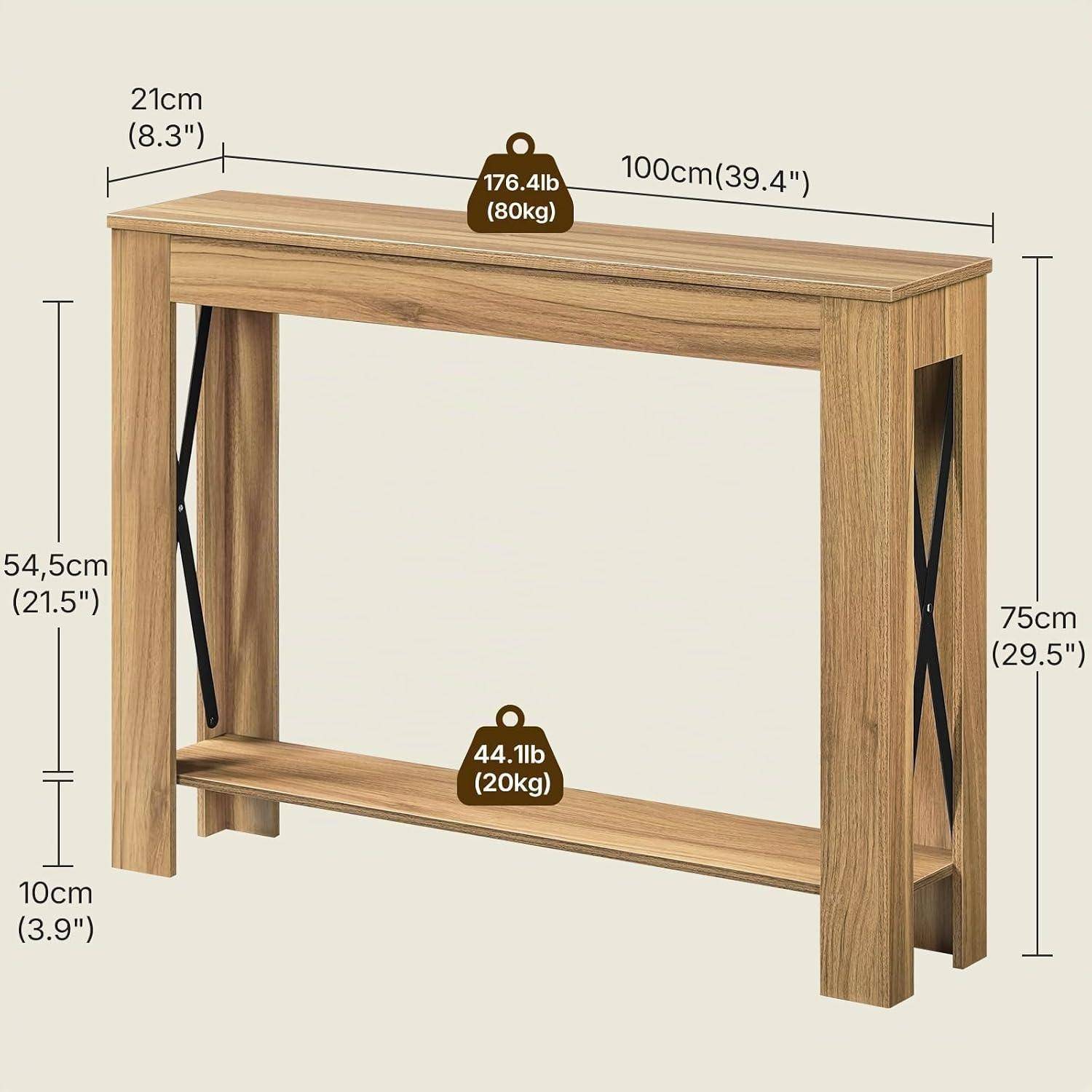 Holzklapptisch mit gekennzeichneten Abmessungen: 100 cm breit, 75 cm hoch, 21 cm tief, zeigt eine Traglast der Tischplatte von 80 kg und eine Traglast des Regals von 20 kg.