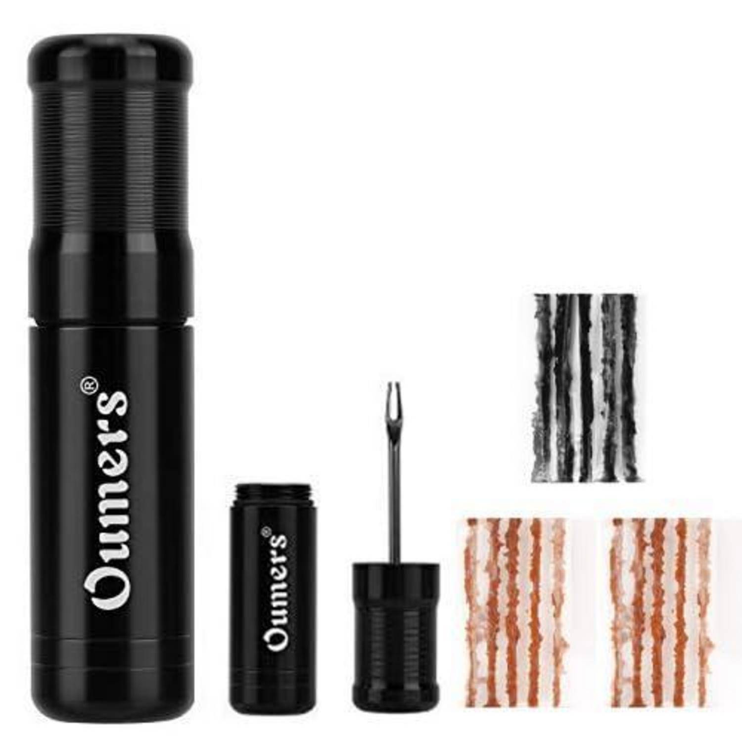 Schwarzer Oumers tragbarer Make-up-Stift mit Applikator-Pinsel und Musterstrich in Schwarz und Braun, der seine Verwendungsmöglichkeiten zeigt.