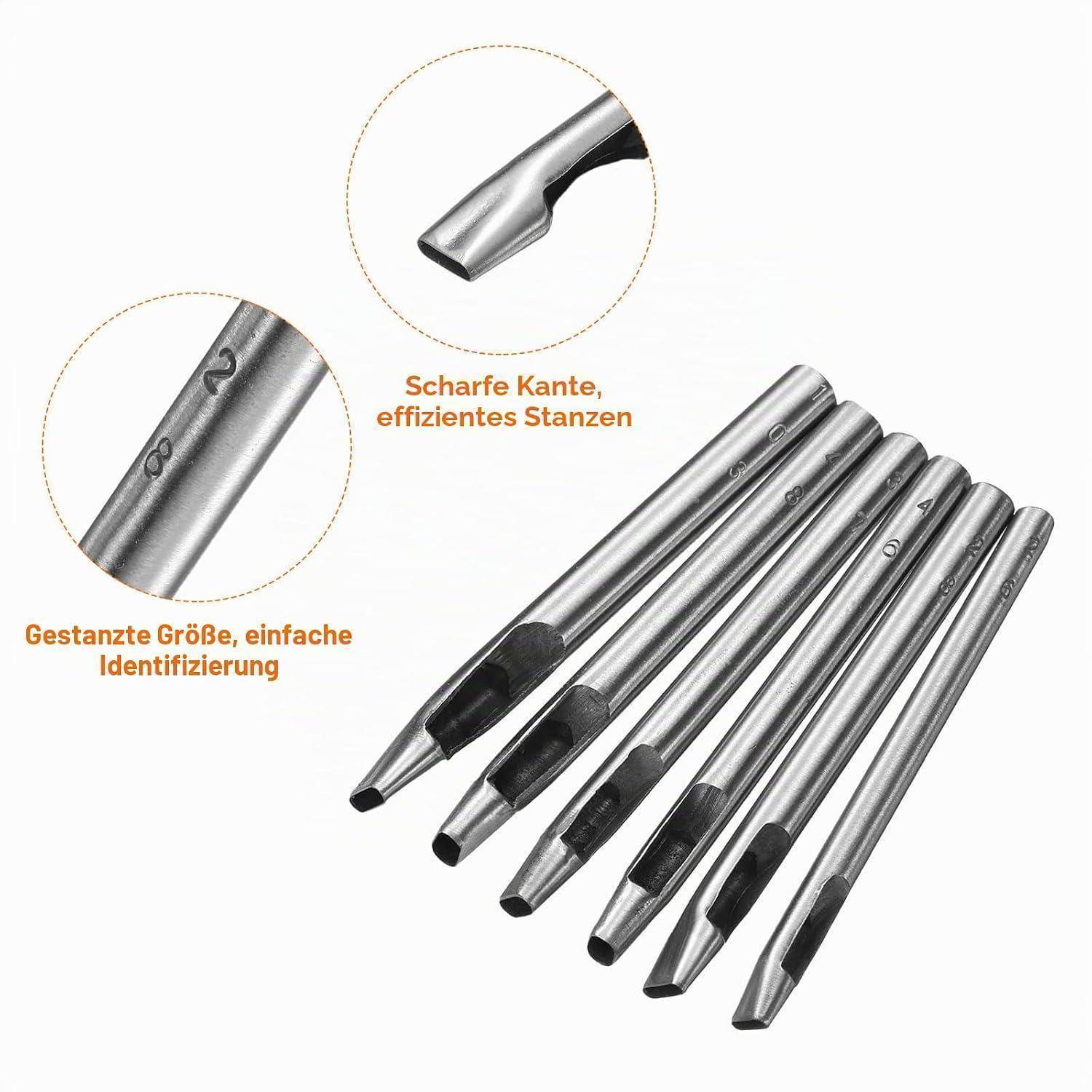 Satz von Metalllederlochstanzern mit spitzen Spitzen; Nahaufnahmen zeigen gestempelte Größenmarkierungen und scharfe Schnittkante.