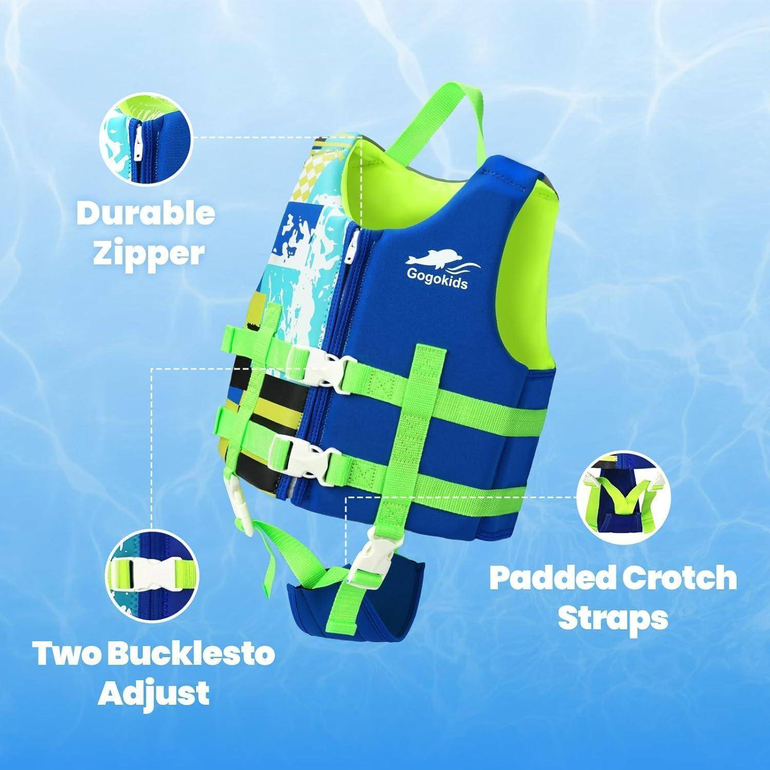 Blaue und neongrüne Kinder-Schwimmweste mit gekennzeichneten Merkmalen: haltbarer Reißverschluss, zwei verstellbare Schnallen und gepolsterte Schrittgurte.
