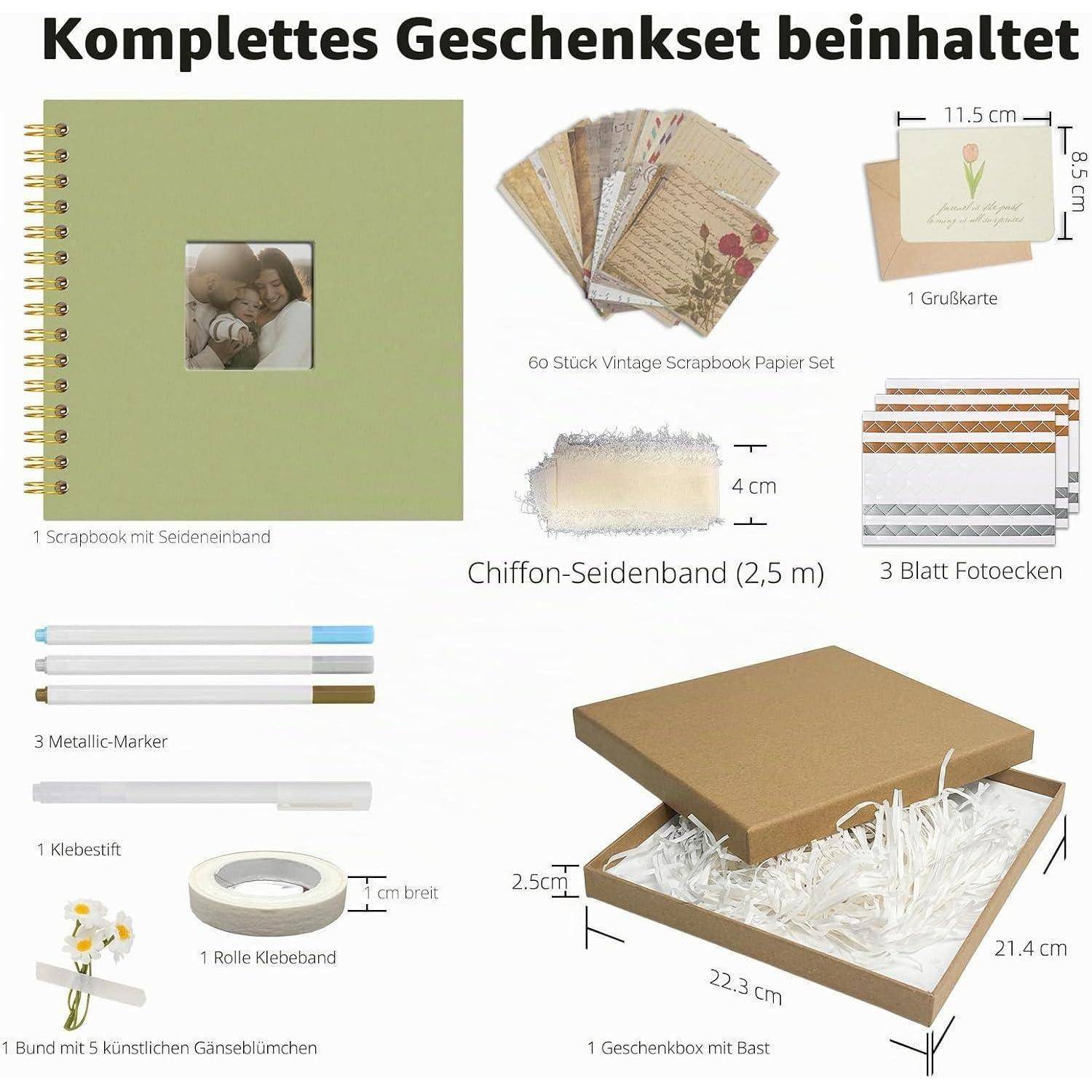 Diagramm, das zeigt, was ein komplettes Scrapbooking-Geschenkset enthält: Scrapbook, Vintage-Papierset, Schleife, Fotoleisten, Marker, Klebestift, Klebeband, Blumen und Geschenkbox mit Abmessungen.