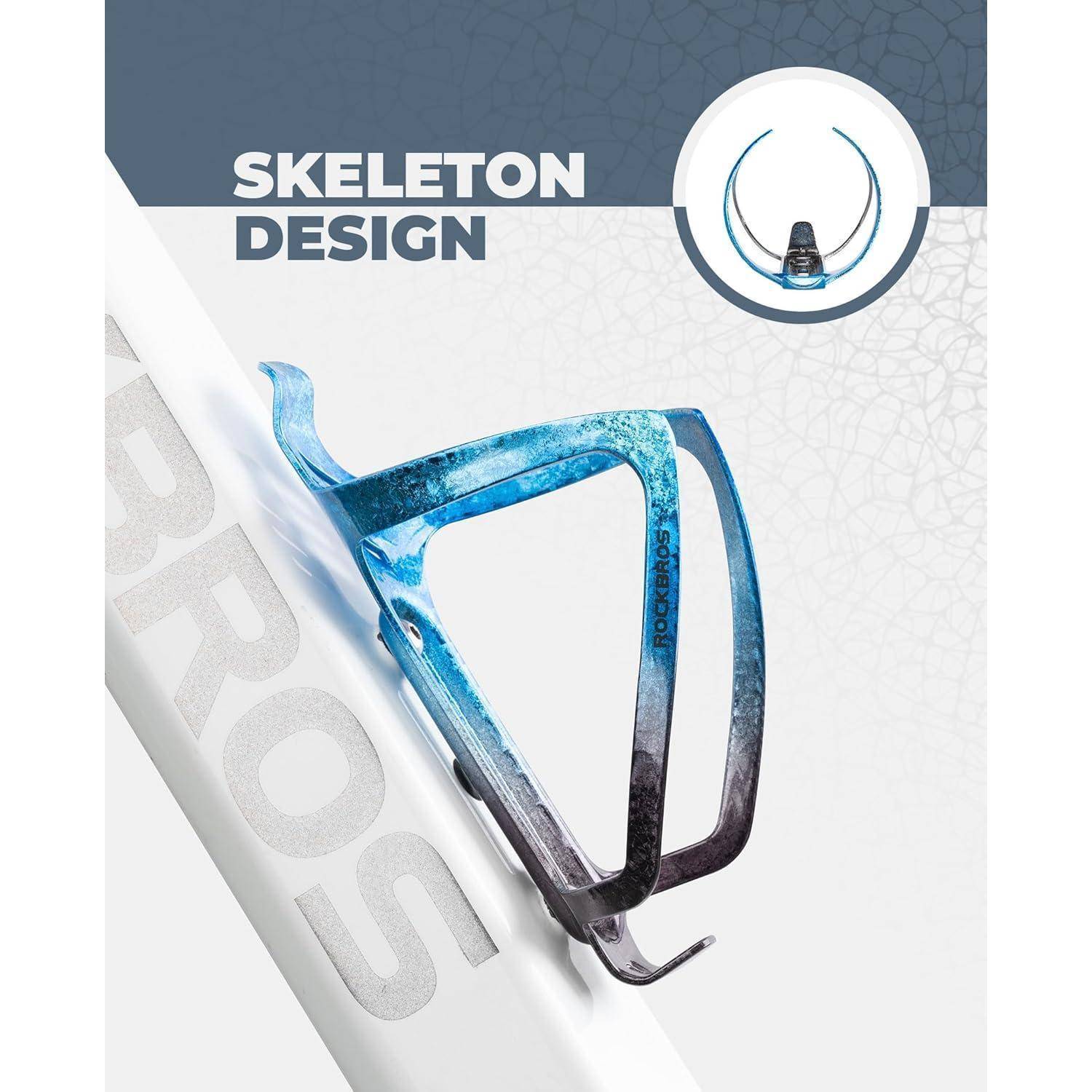 Produktbild einer blau-schwarzen Fahrrad-Flaschenhalterung mit der Bezeichnung „SKELETON DESIGN