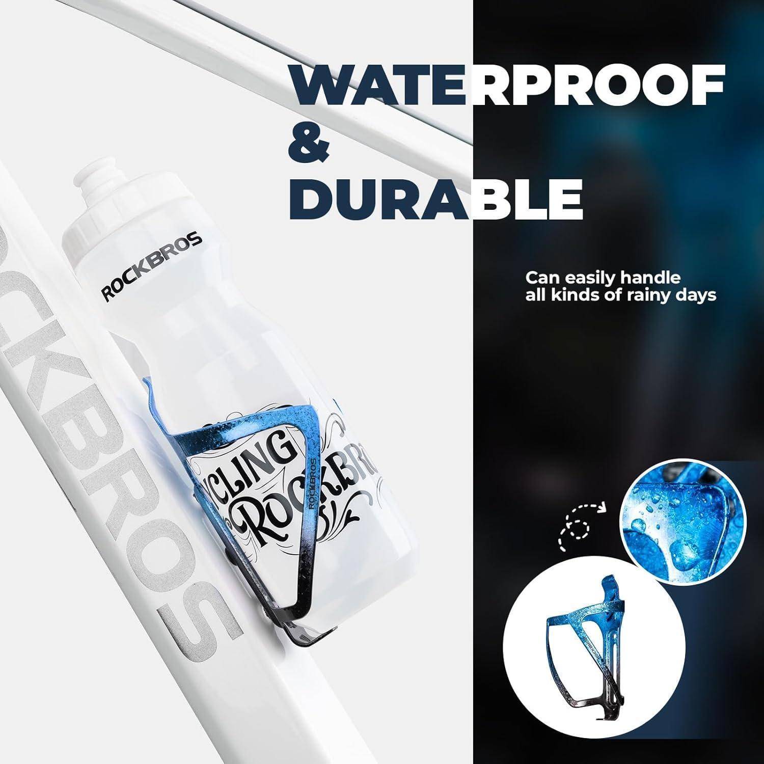 Werbebild einer RockBros Fahrrad-Wasserflasche und Halterung, das 