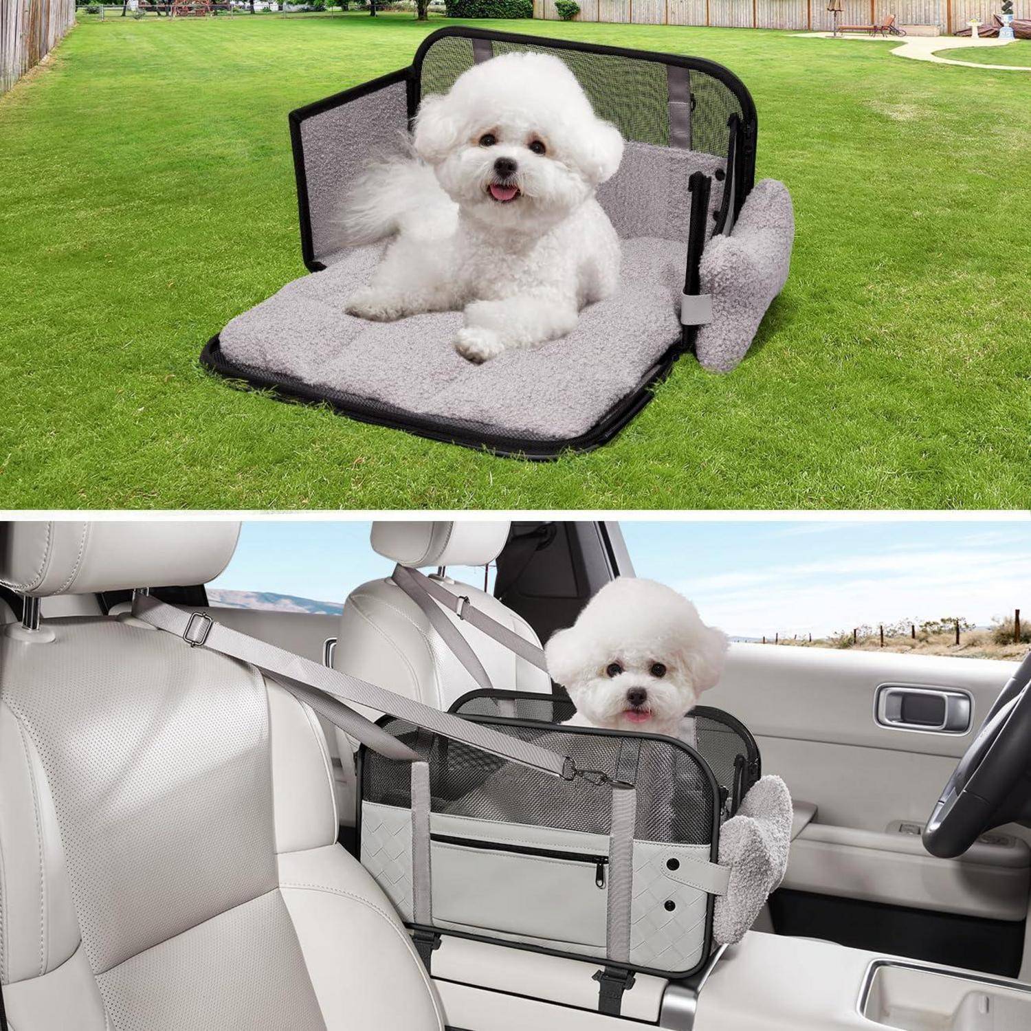 Kleiner weißer flauschiger Hund, der in einem tragbaren Haustier-Booster-Sitz ruht, gezeigt in einem Hinterhof und dann in einem Autositz neben dem Fahrer gesichert.