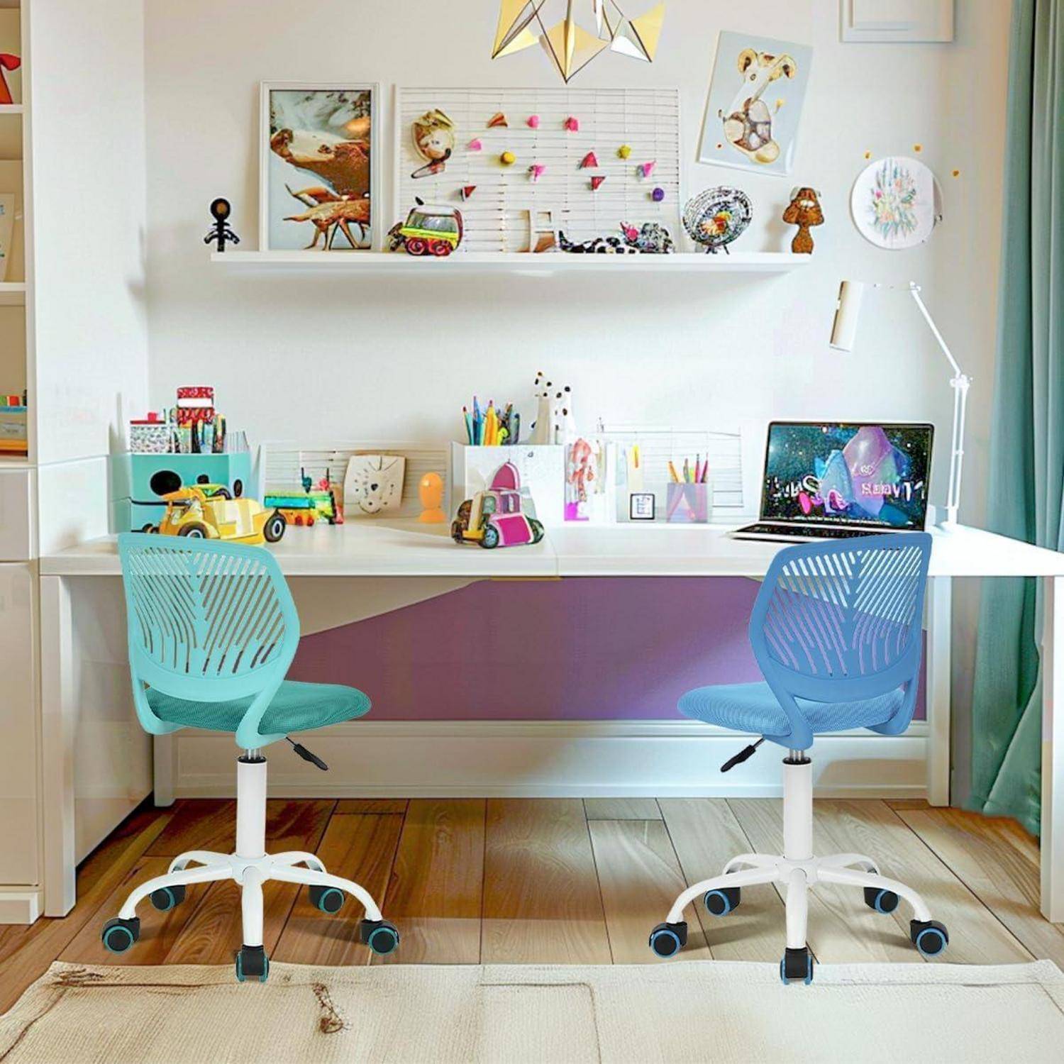 Homy Casa 2er Set Schreibtischstuhl Verstellbarer Drehstuhl Bürostuhl Stoffsitz Arbeitsstuhl ohne Armlehne, Blau und Türkis, carnation