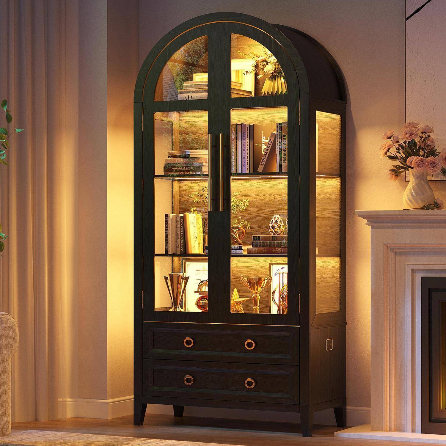 LVSOMT Gewölbte Glasvitrine mit LED Beleuchtung, 180cm Vitrinenschrank mit Glastüren, Bogen Vitrine mit 4 Display Regale und 2 Schubladen, 3 Farbe