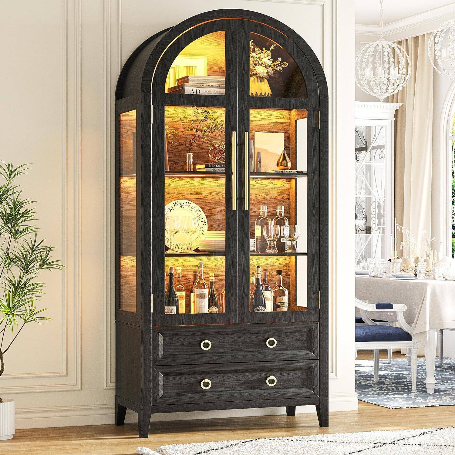 LVSOMT Gewölbte Glasvitrine mit LED Beleuchtung, 180cm Vitrinenschrank mit Glastüren, Bogen Vitrine mit 4 Display Regale und 2 Schubladen, 3 Farbe