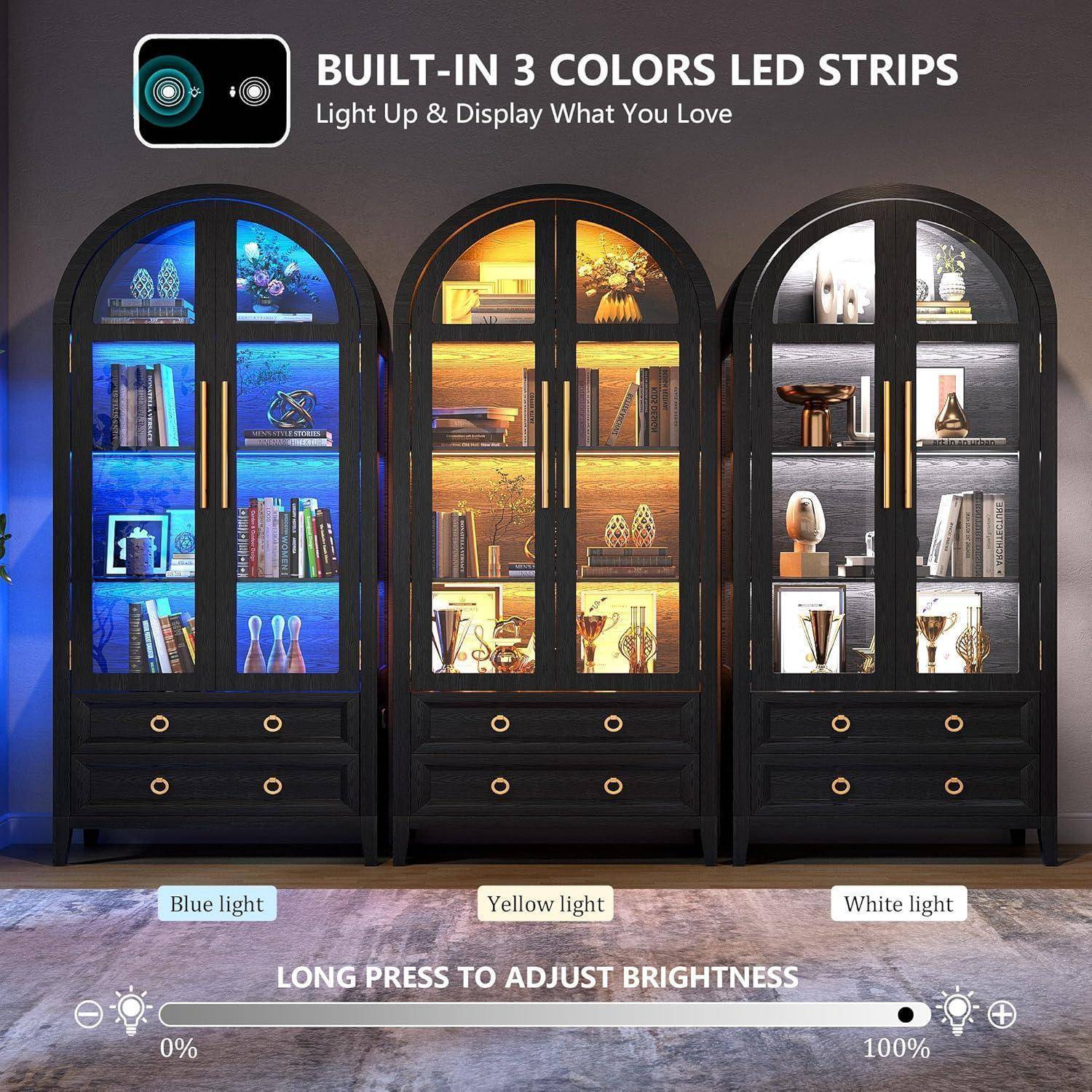LVSOMT Gewölbte Glasvitrine mit LED Beleuchtung, 180cm Vitrinenschrank mit Glastüren, Bogen Vitrine mit 4 Display Regale und 2 Schubladen, 3 Farbe