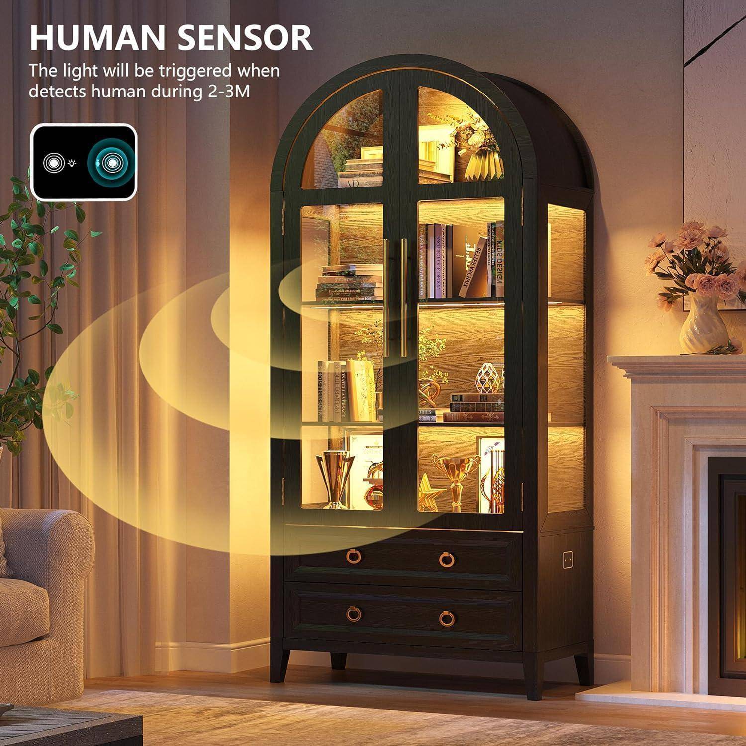 LVSOMT Gewölbte Glasvitrine mit LED Beleuchtung, 180cm Vitrinenschrank mit Glastüren, Bogen Vitrine mit 4 Display Regale und 2 Schubladen, 3 Farbe