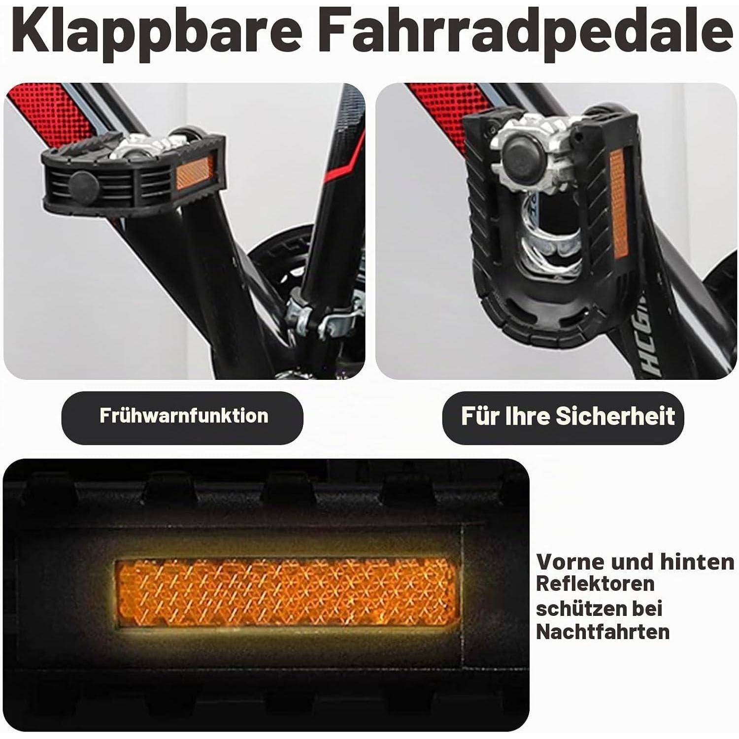 Fahrradpedal mit klappbarem Design, von zwei Winkeln gezeigt; Text hebt "Frühwarnfunktion"" und Sicherheit hervor, mit vorderen und hinteren Reflektoren für Nachtfahrten.