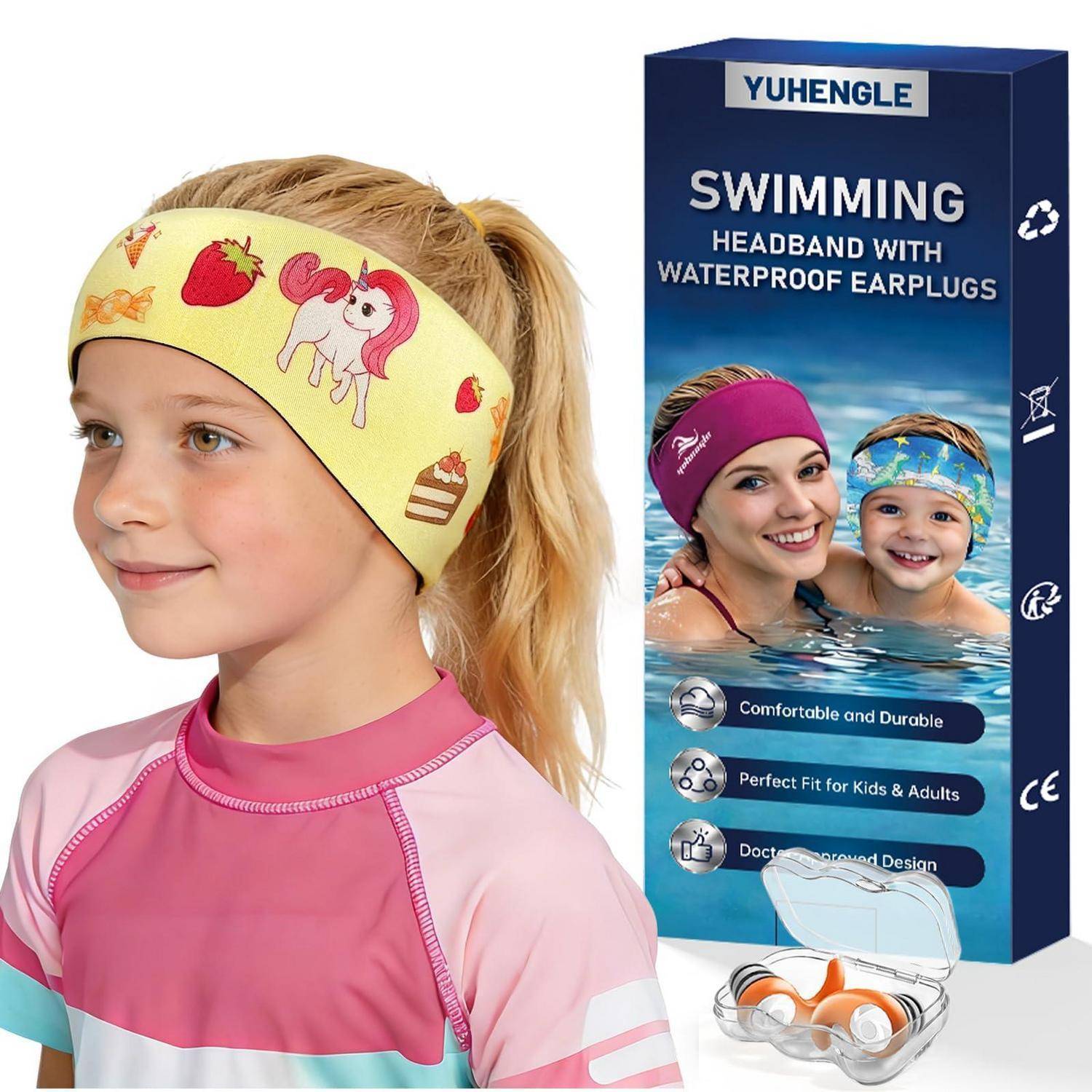 Mädchen mit gelbem bedrucktem Schwimm-Stirnband; die Produktbox besagt 