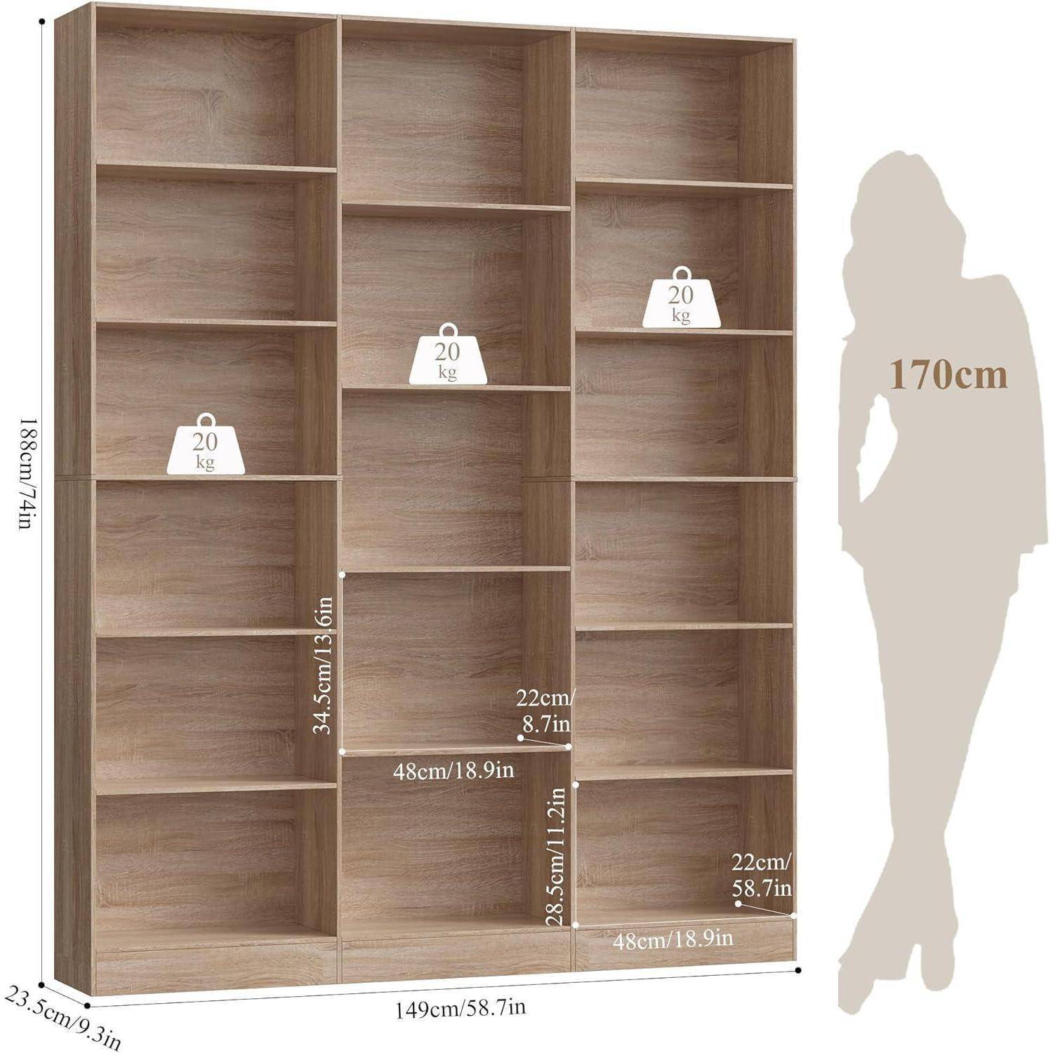 Dreiteiliges Holzregal-Maßdiagramm mit einer Höhe von 188 cm, einer Breite von 149 cm und einer Tiefe von 23,5 cm; Regalhöhen und Tragfähigkeitsgrenzen von 20 kg sind gekennzeichnet, mit einer 170 cm großen Personensilhouette als Maßstab