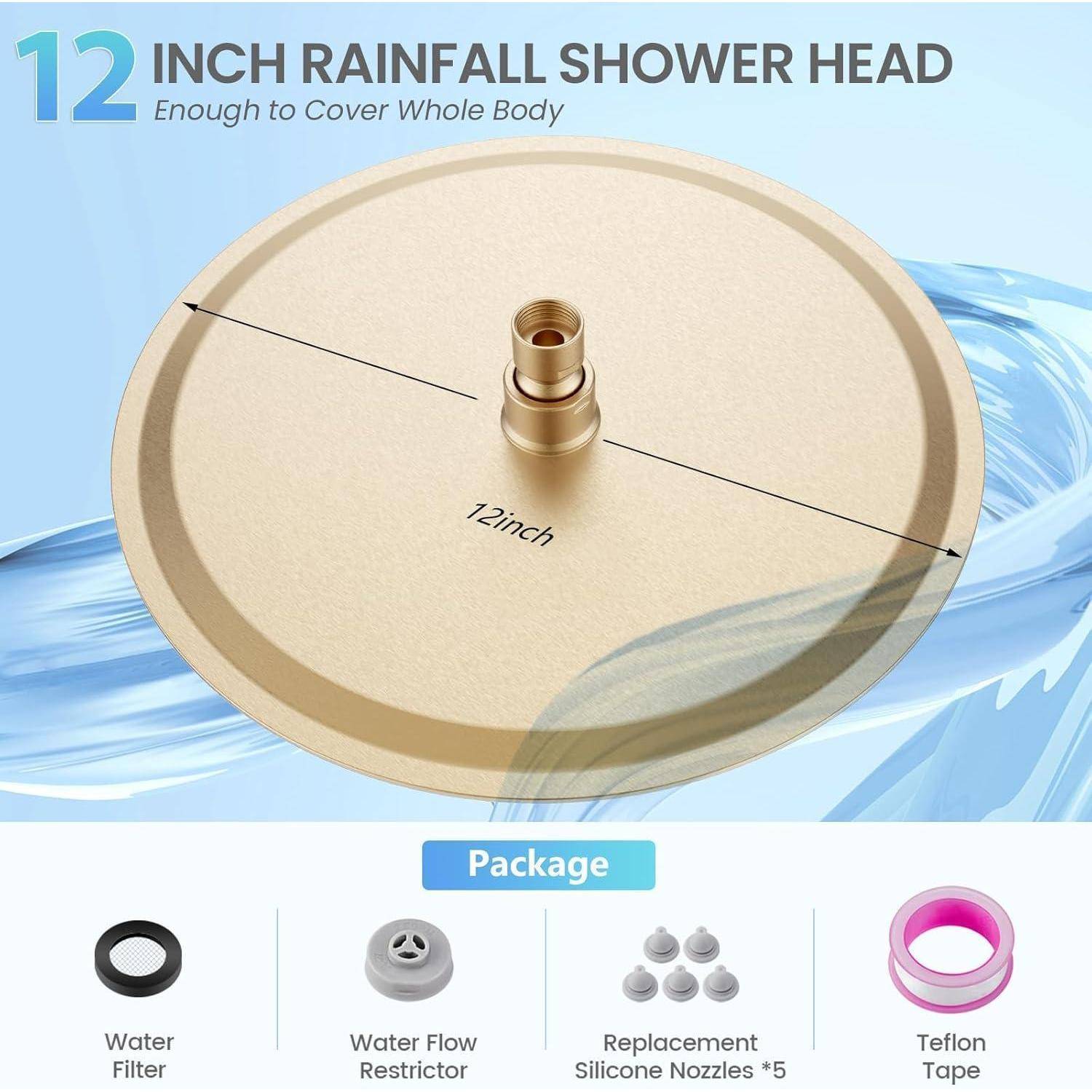 30CM Rund Regendusche Duschkopf Gold, 12 Zoll Wasserfall Duschkopf Wassersparend, Ganzmetall-Edelstahl 304, Decken Regenduschköpfe mit 120