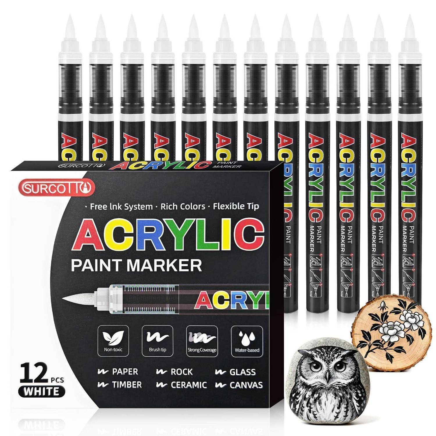 Packung mit 12 weißen Acrylfarbenmarkern mit flexiblen Spitzen; die Verpackung zeigt die Verwendung auf Papier, Stein, Glas, Holz, Keramik und Leinwand.