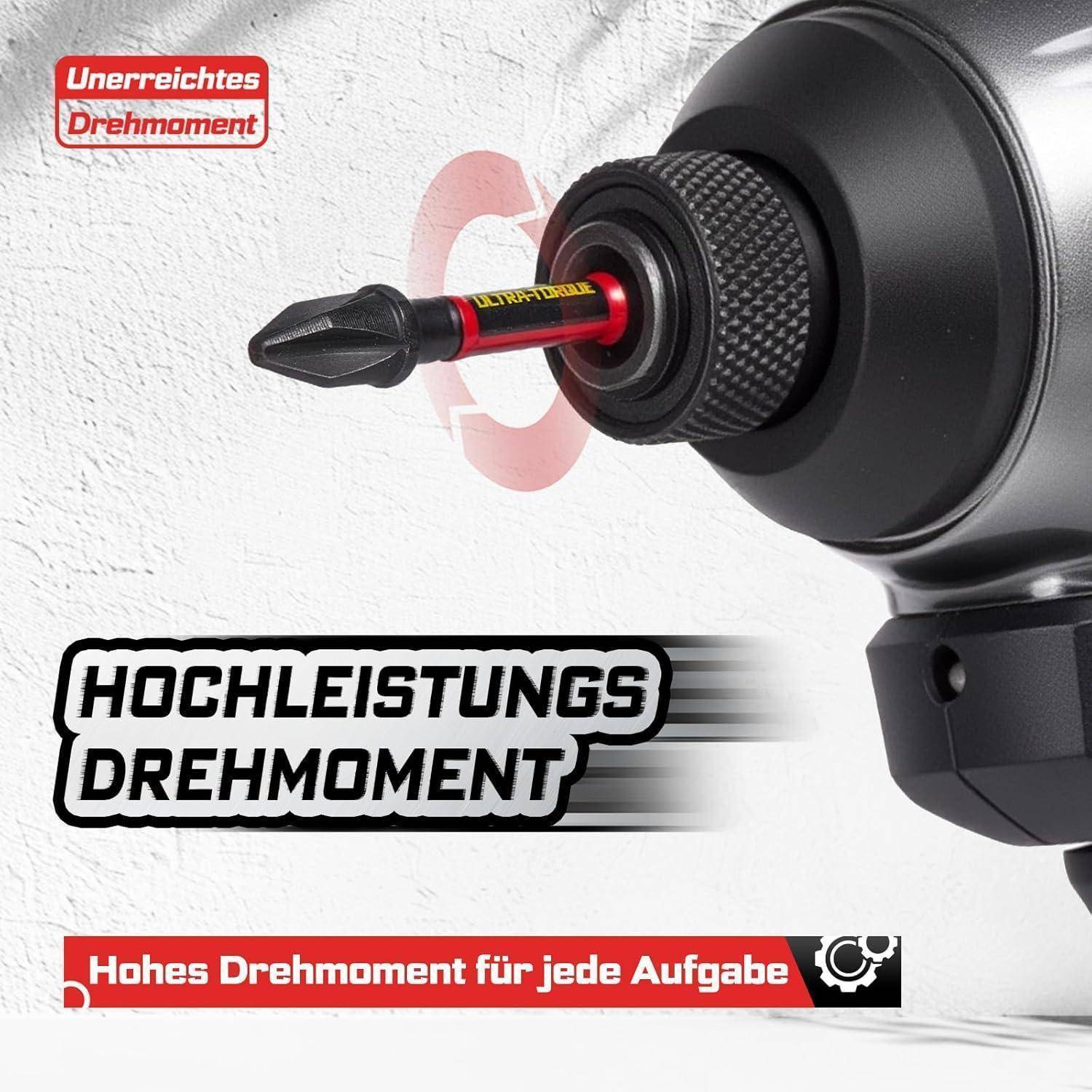 # Nahaufnahme eines Bohrfutters einer Elektrobohrmaschine, das einen Schraubendreheraufsatz hält, mit deutschen Bezeichnungen, die hohes Drehmoment und 'unerreichtes Drehmoment' für verschiedene Aufgaben bewerben.