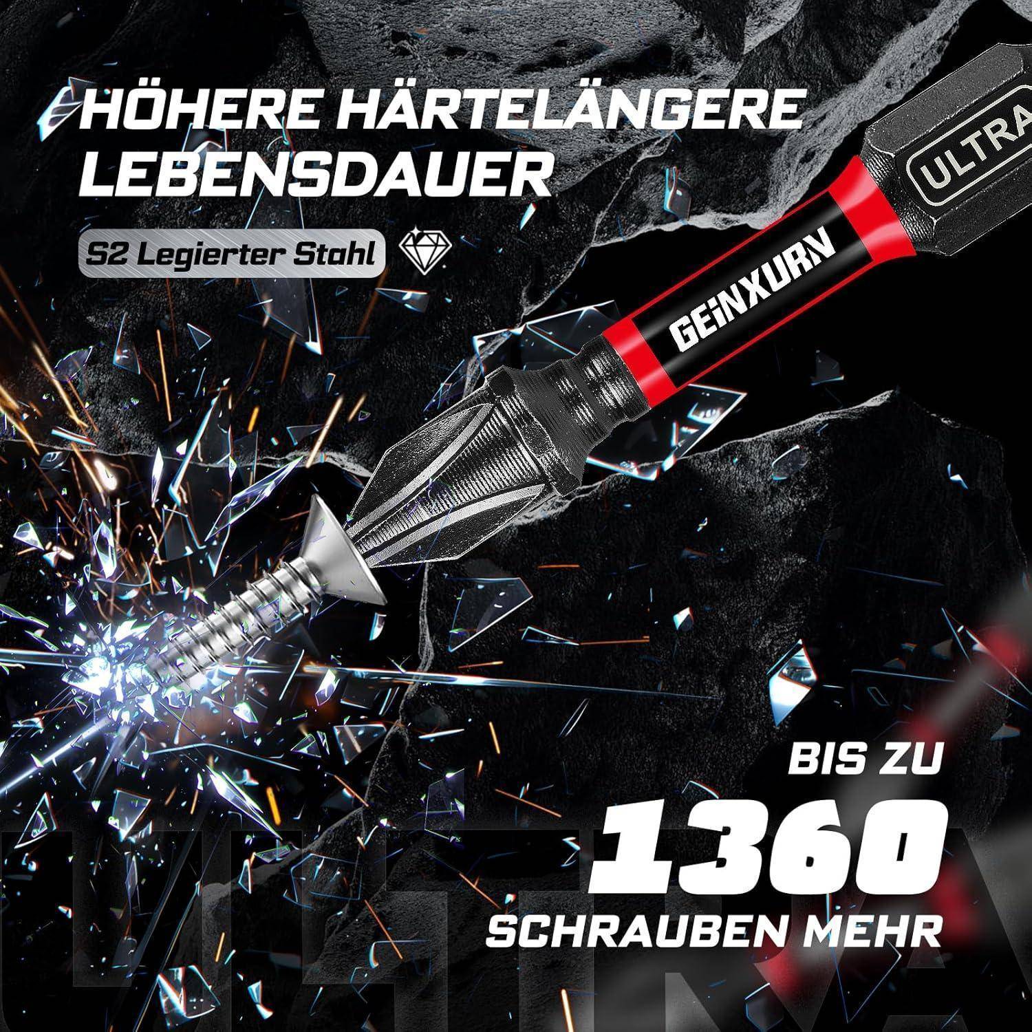 Werbebild eines GEINXUR-Bohrers, der in Stahl bohrt mit Funken, wirbt für „höhere Härte, längere Lebensdauer