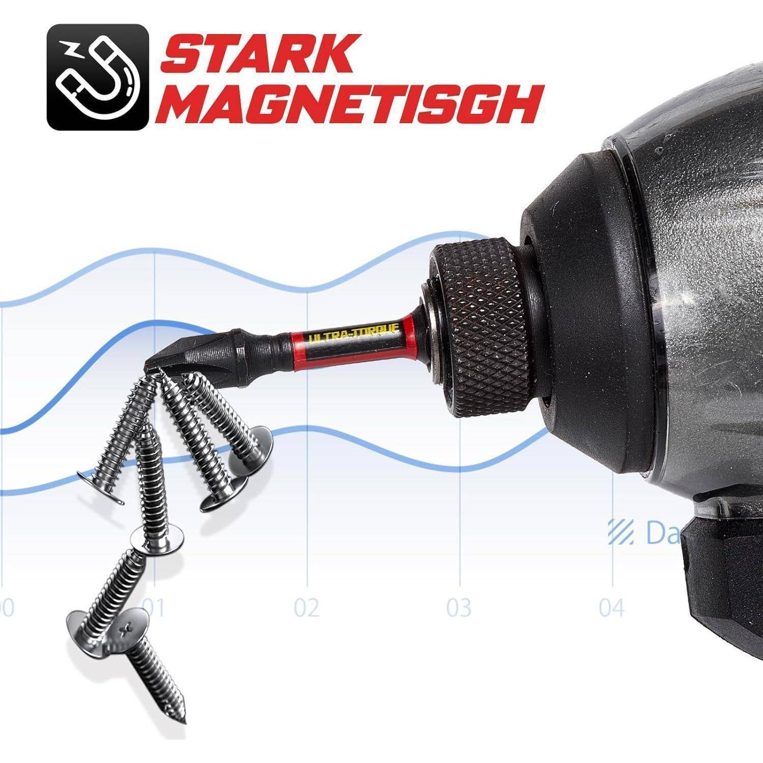 STARK MAGNETISCH Magnetischer Schraubendreher-Bit, der mehrere Schrauben mit einem Elektroschrauber hält und einen magnetisierten Bit zum Aufnehmen und Befestigen von Schrauben zeigt.
