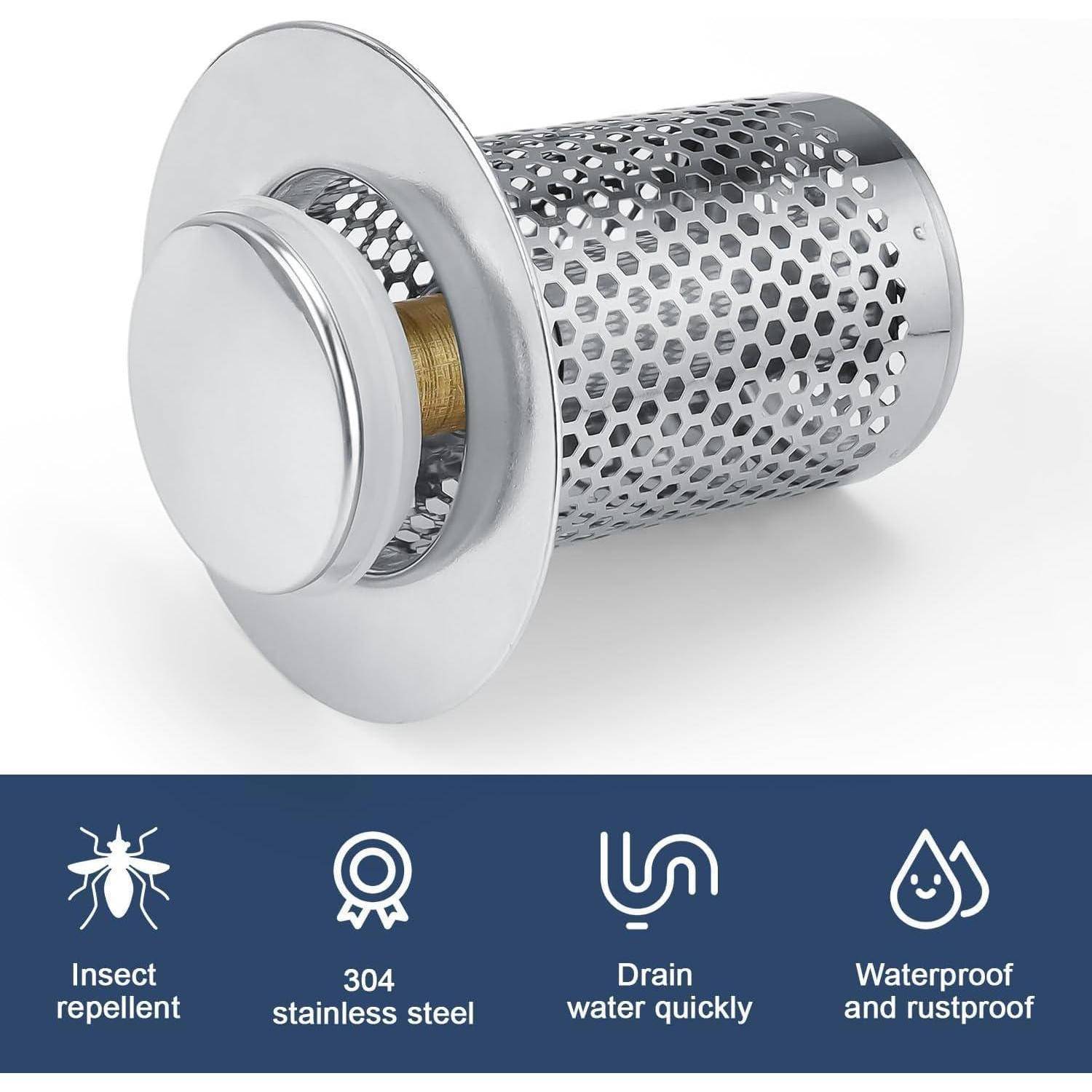 Chrom-Ablaufsieb mit perforiertem Edelstahlkorb, gezeigt mit Symbolen, die Insektenabwehr, 304er Edelstahl, schnelle Entwässerung und wasserdichtes, rostbeständiges Design hervorheben.