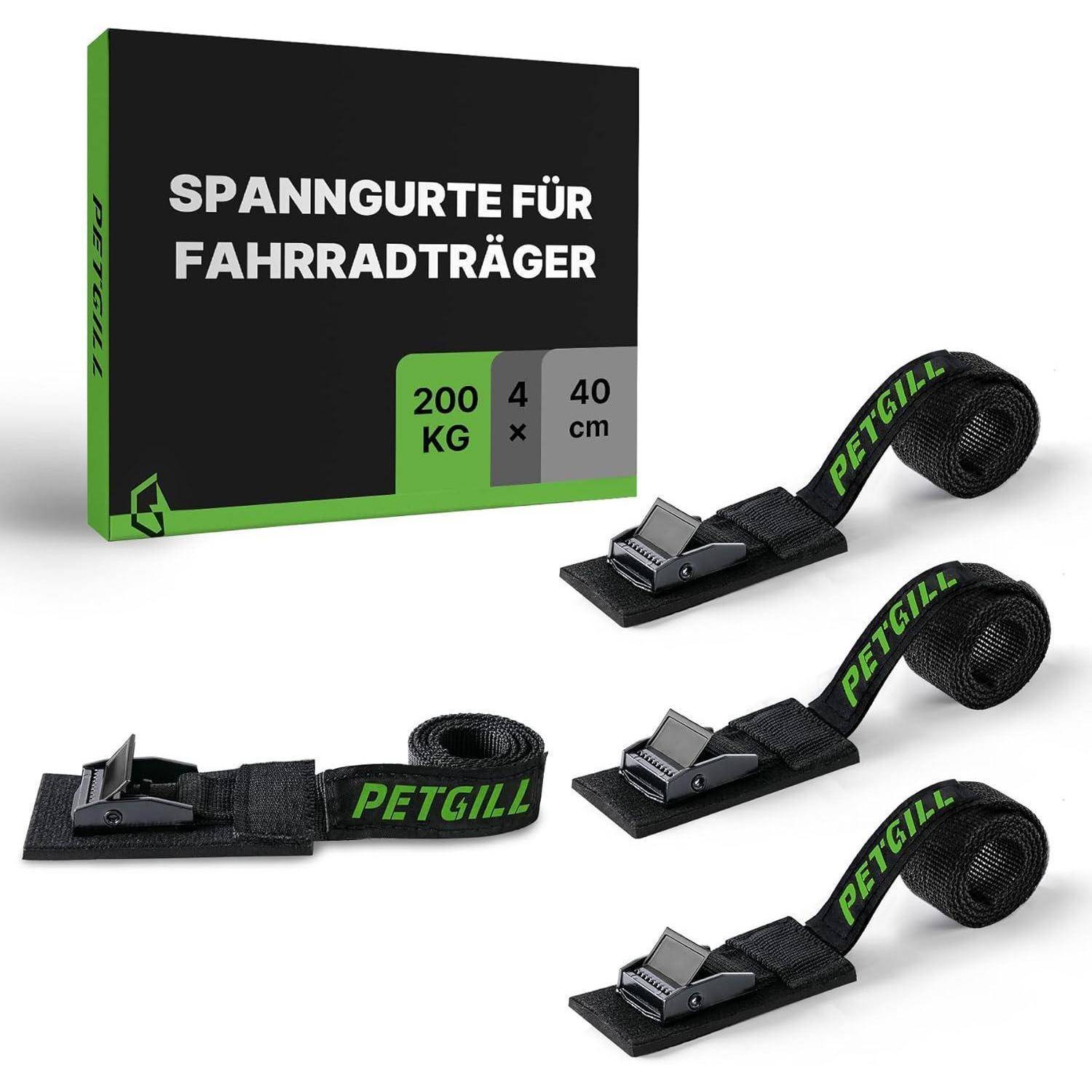 Produktabbildung von vier schwarzen PETGILL Fahrradträger-Spanngurten und Verpackung mit der Aufschrift 'SPANNGURTE FÜR FAHRRADTRÄGER', '200 KG', '4x', '40 cm'.