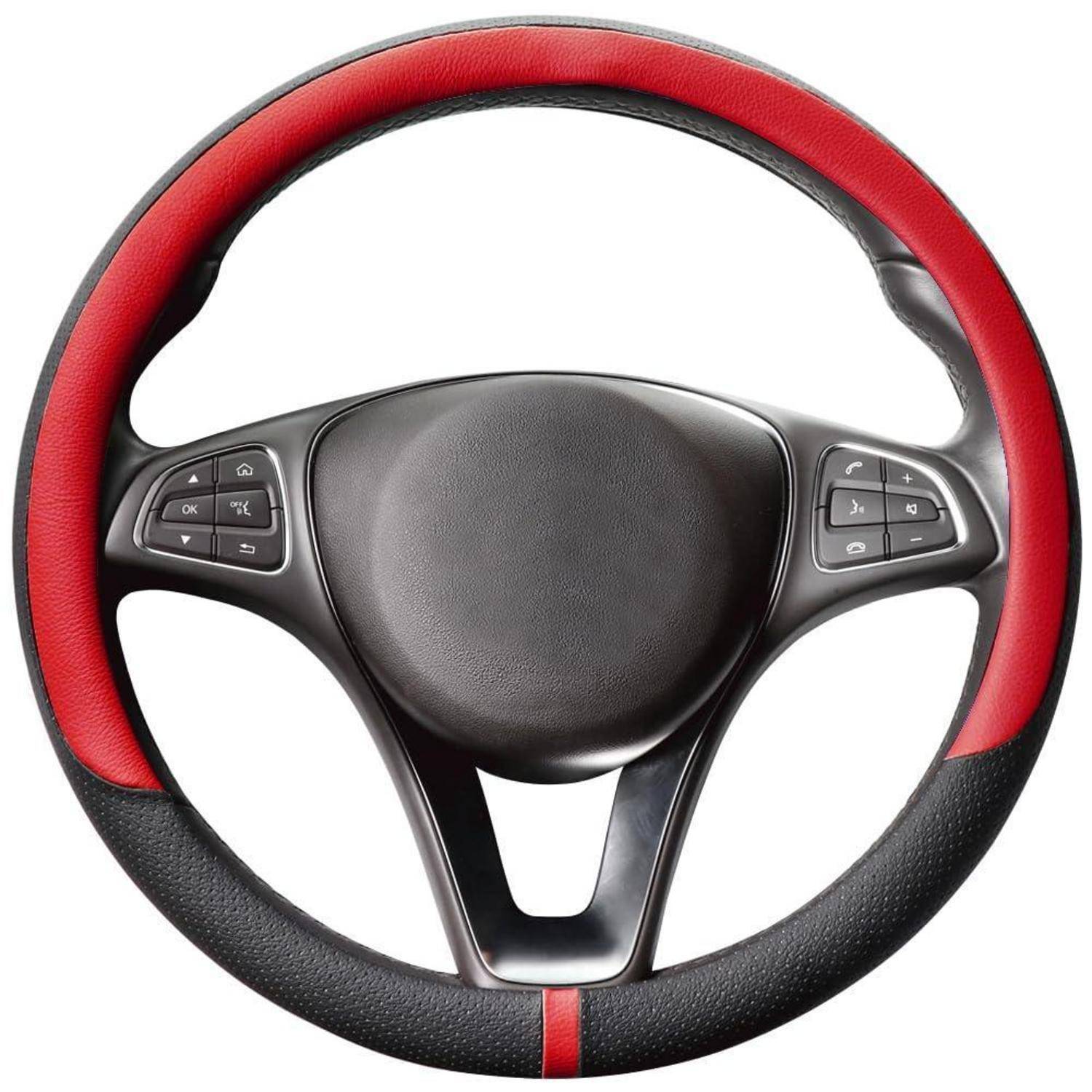 Schwarz-rotes Lenkrad für Autos mit integrierten Steuertasten auf beiden Seiten.