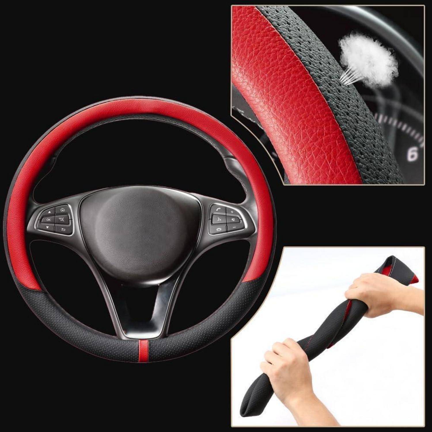 Rot-schwarze Lenkradbezug mit integriertem Freisprech-Fahrt-Spinnerknopf; die Inhaltsangabe zeigt strukturierte Griffigkeit und Installation am Lenkrad.