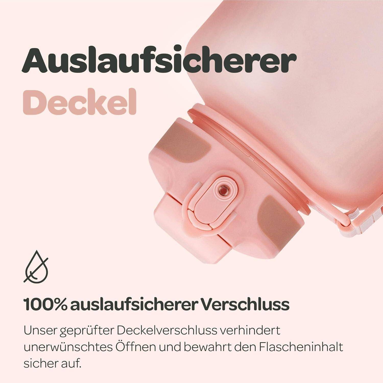 Pinker Flaschendeckel mit deutschem Text „Auslaufsicherer Deckel