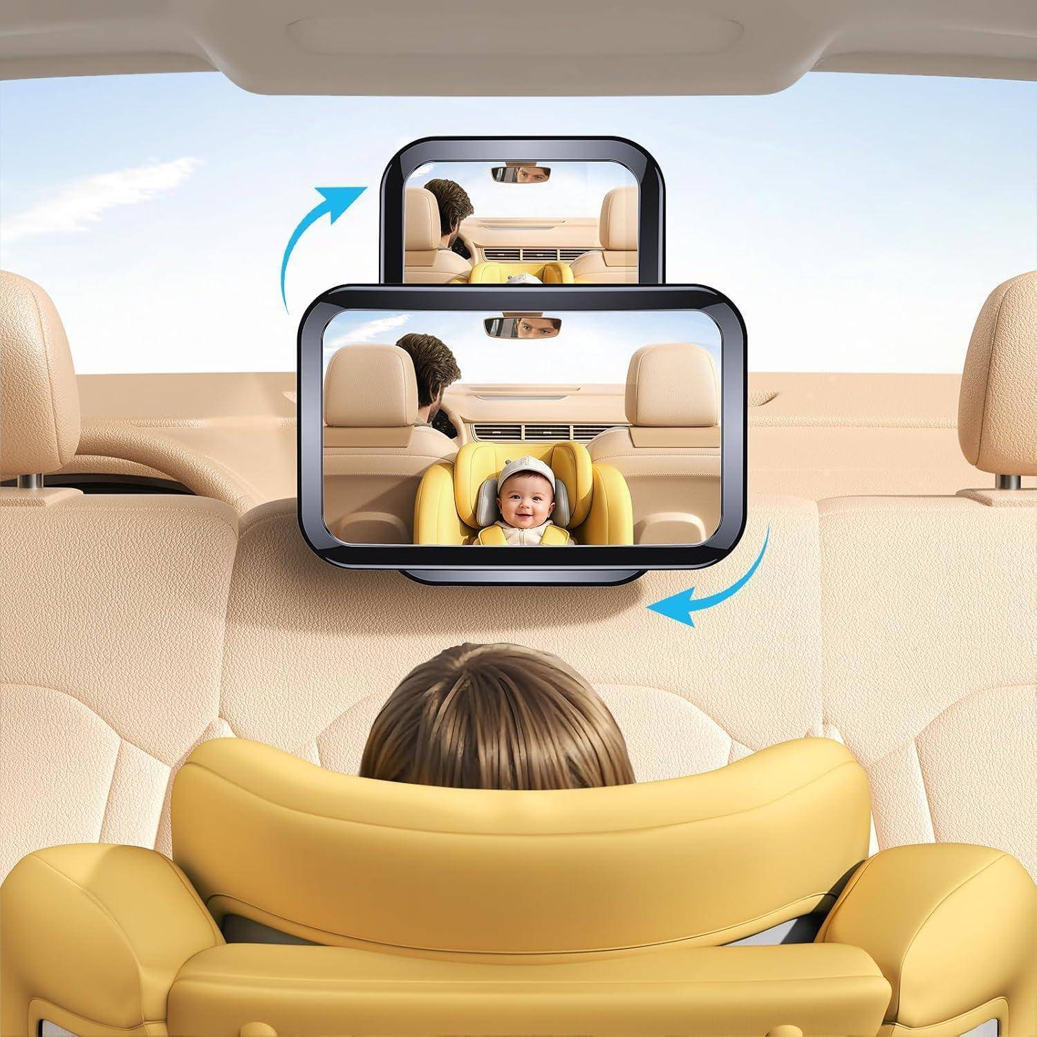 Rückwärtsgewandte Kindersicherung, die durch einen rotierenden Telefonbildschirmspiegel sichtbar ist, zeigt ein Baby auf der Rückbank für sicherere Überwachung im Auto.