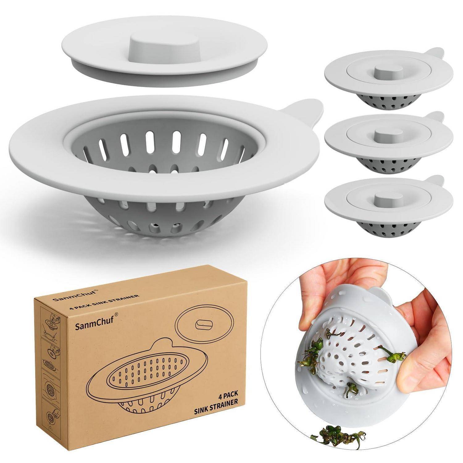 Produktbild einer 4er-Pack Silikon-Spülensieb mit abnehmbarem Deckel, dargestellt bei der Verwendung zum Auffangen von Speiseresten und in Einzelhandelverpackung.
