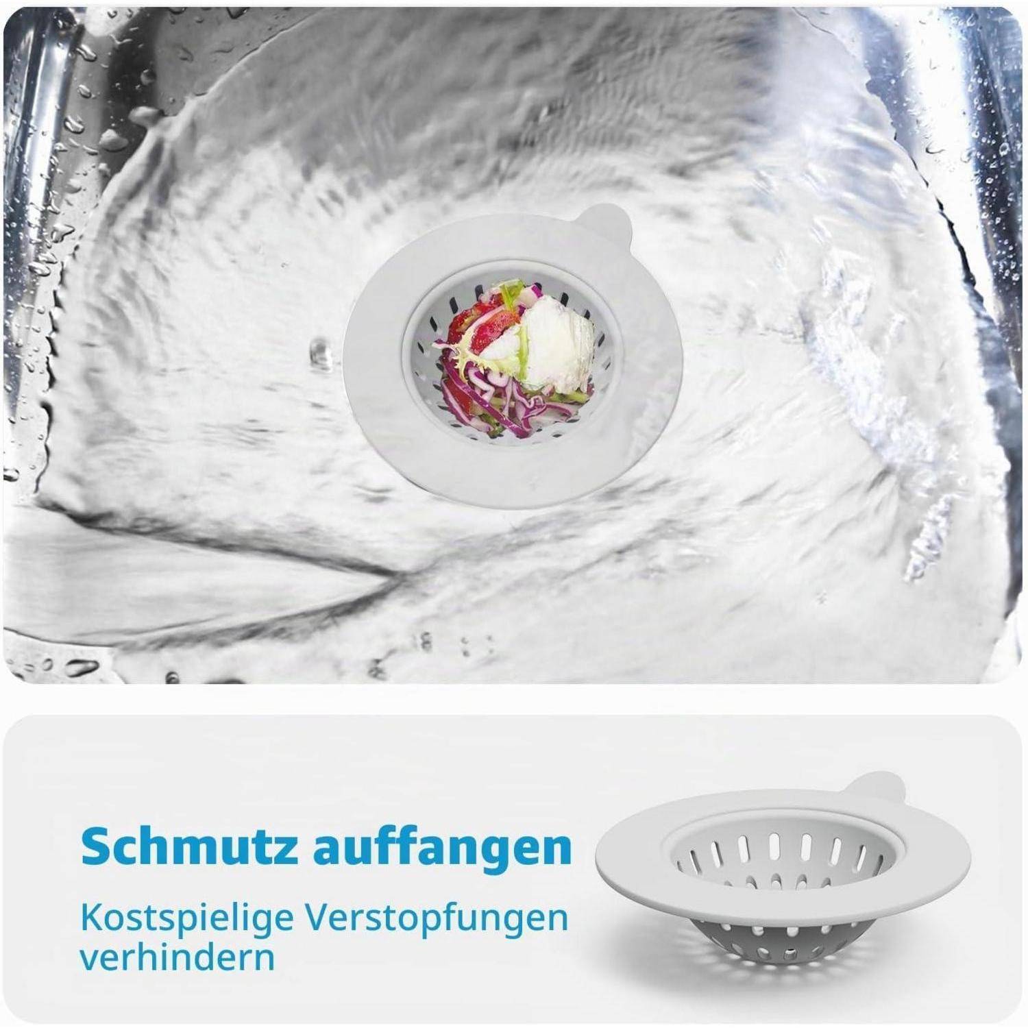 # Küchenspülen-Seiher fängt Speisereste auf, mit deutschem Text 
