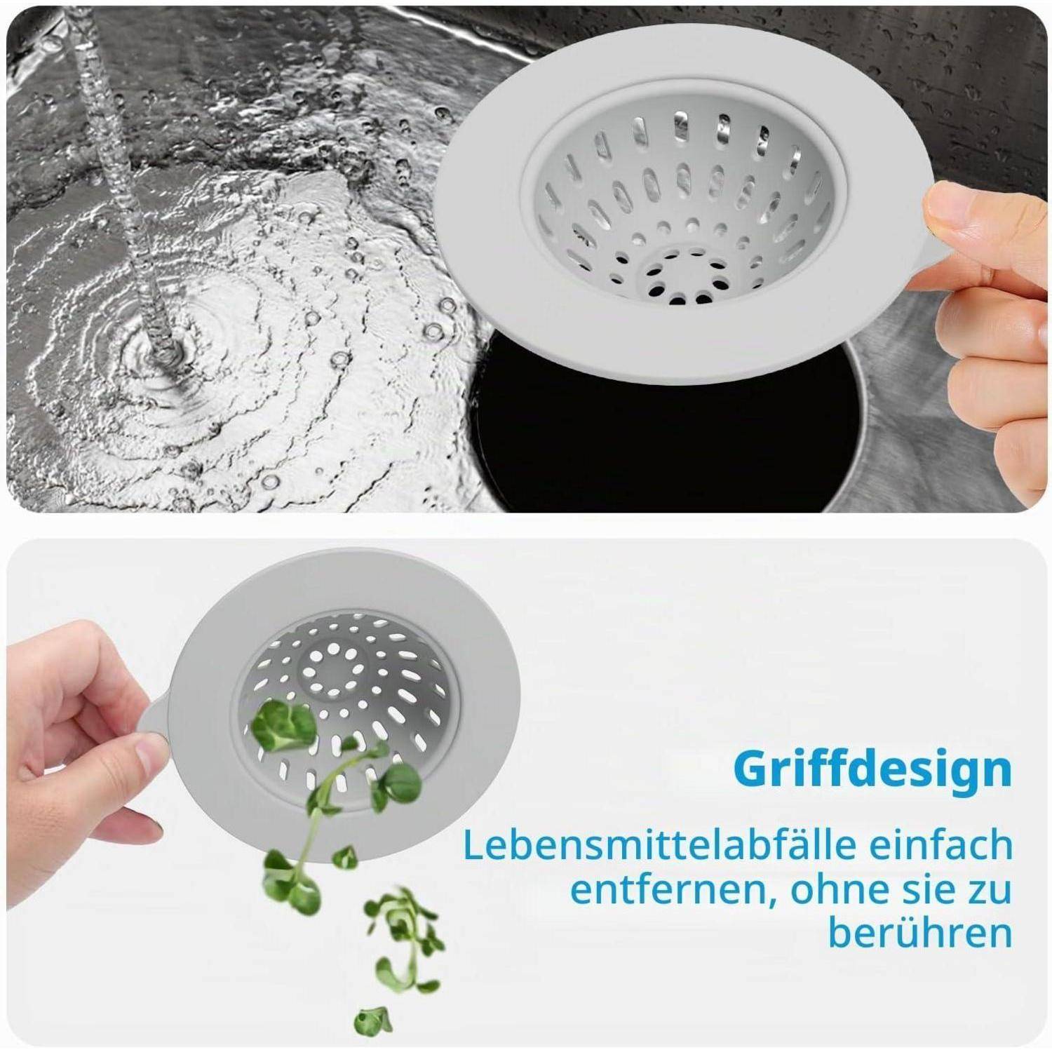 Hand hält ein Spülbecken-Sieb über einen Abfluss, um Speisereste aufzufangen; die Werbergrafik zeigt 'Griffdesign' und 'Lebensmittelabfälle einfach entfernen, ohne sie zu berühren'.
