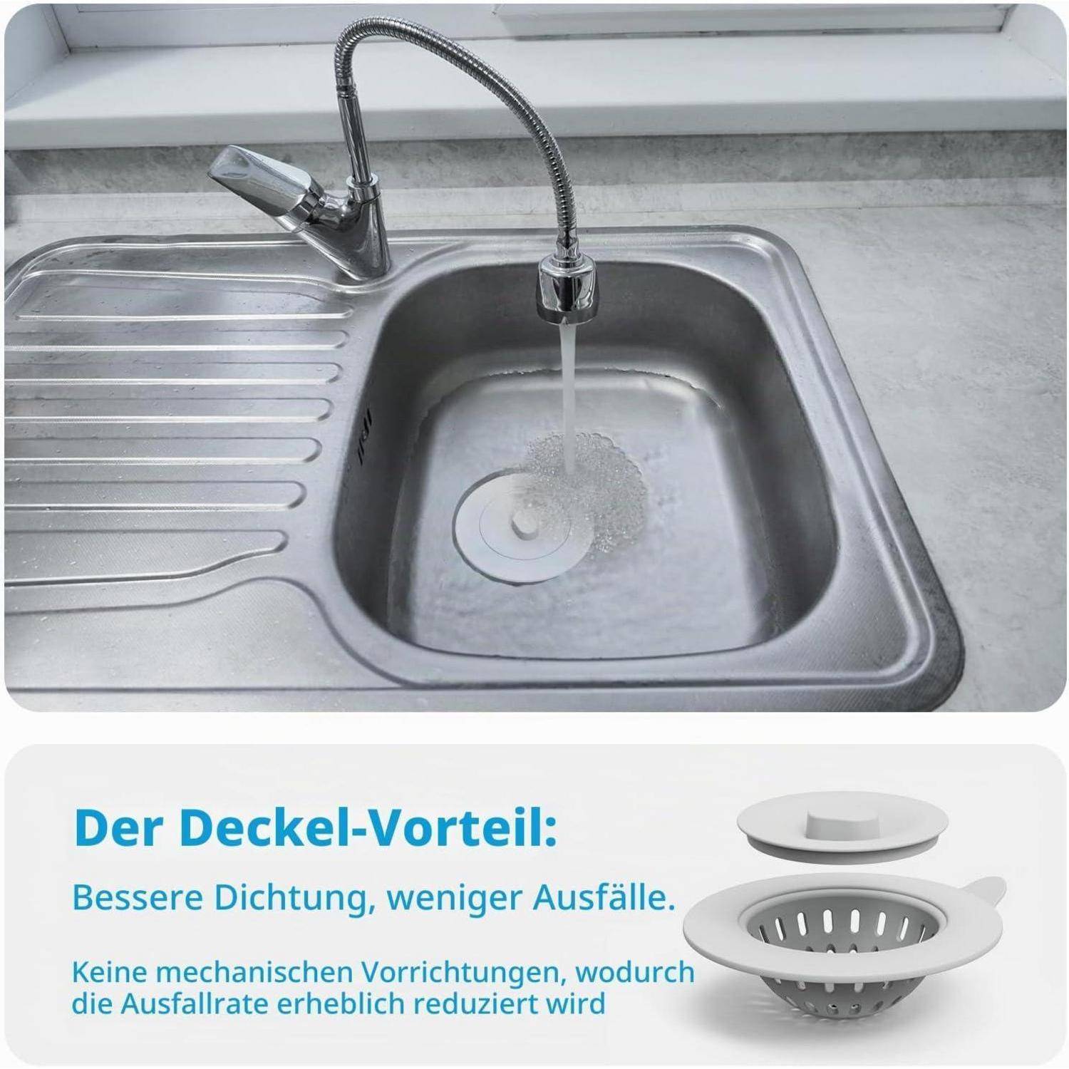 Illustration eines Küchenspülbecken-Ablaufgitters neben einem Wasserhahn, der in ein Edelstahlspülbecken läuft, mit deutschem Text zur Bewerbung besserer Abdichtung und weniger Ausfällen.