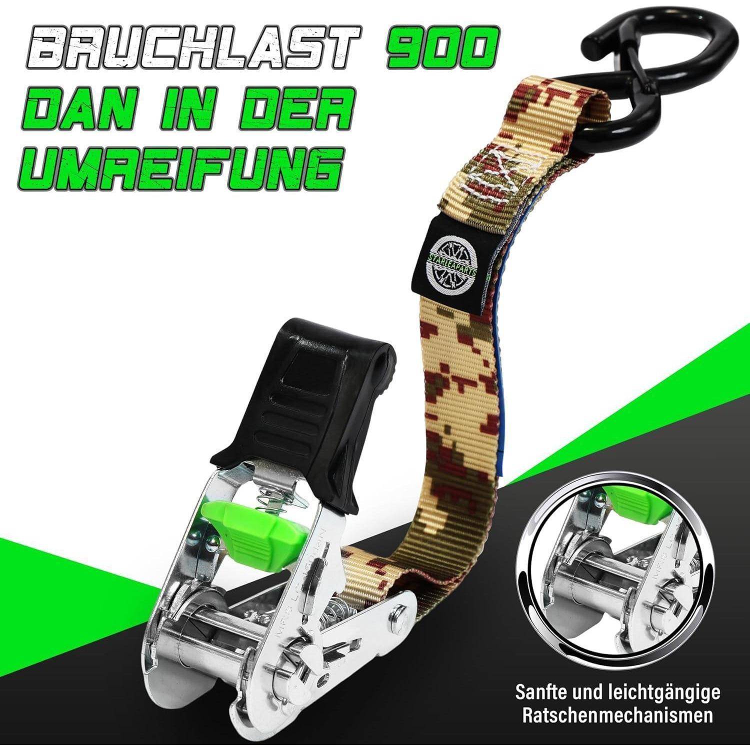 Ratschengurt mit Haken und Schnalle, beschriftet mit „BAUCHLAST 900 DAN IN DER UMLEIFUNG