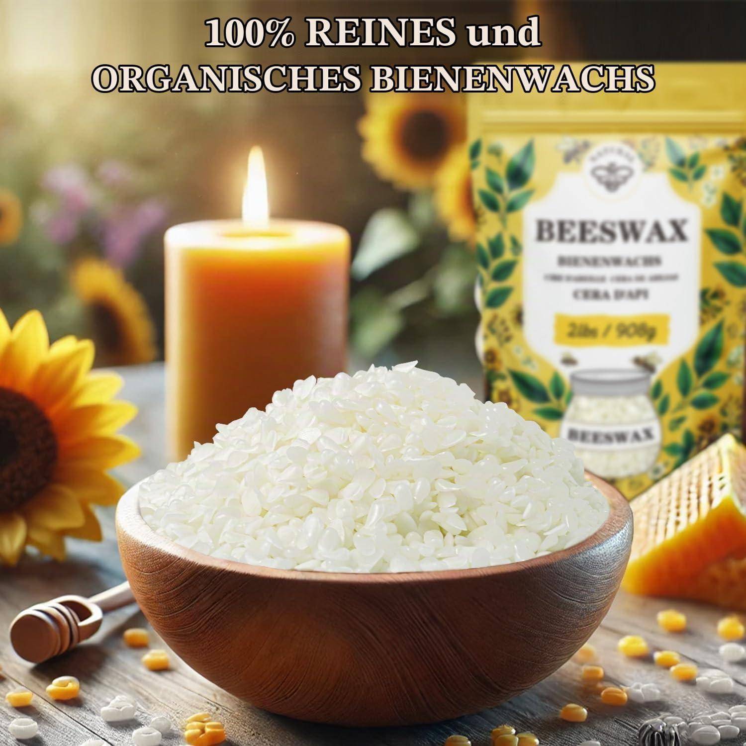 Bienenwachsproduktbild mit Text „100% REINES und ORGANISCHES BIENENWACHS