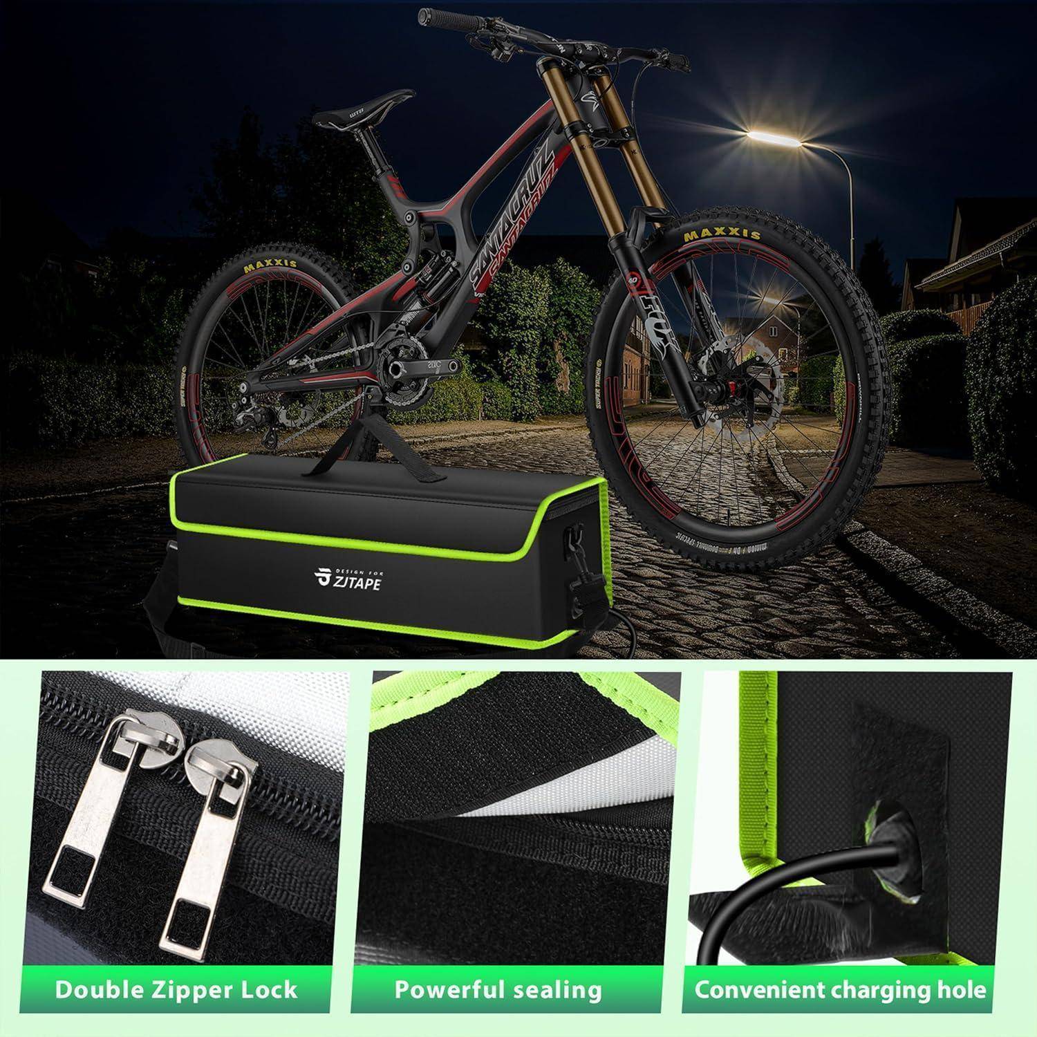Tragbare Fahrraddecker-Aufbewahrungstasche mit einem Mountainbike bei Nacht, gezeigt mit Nahaufnahmen, die das Doppelreißverschloss mit Sperre, die Versiegelung und das Ladeanschluss-Loch hervorheben.