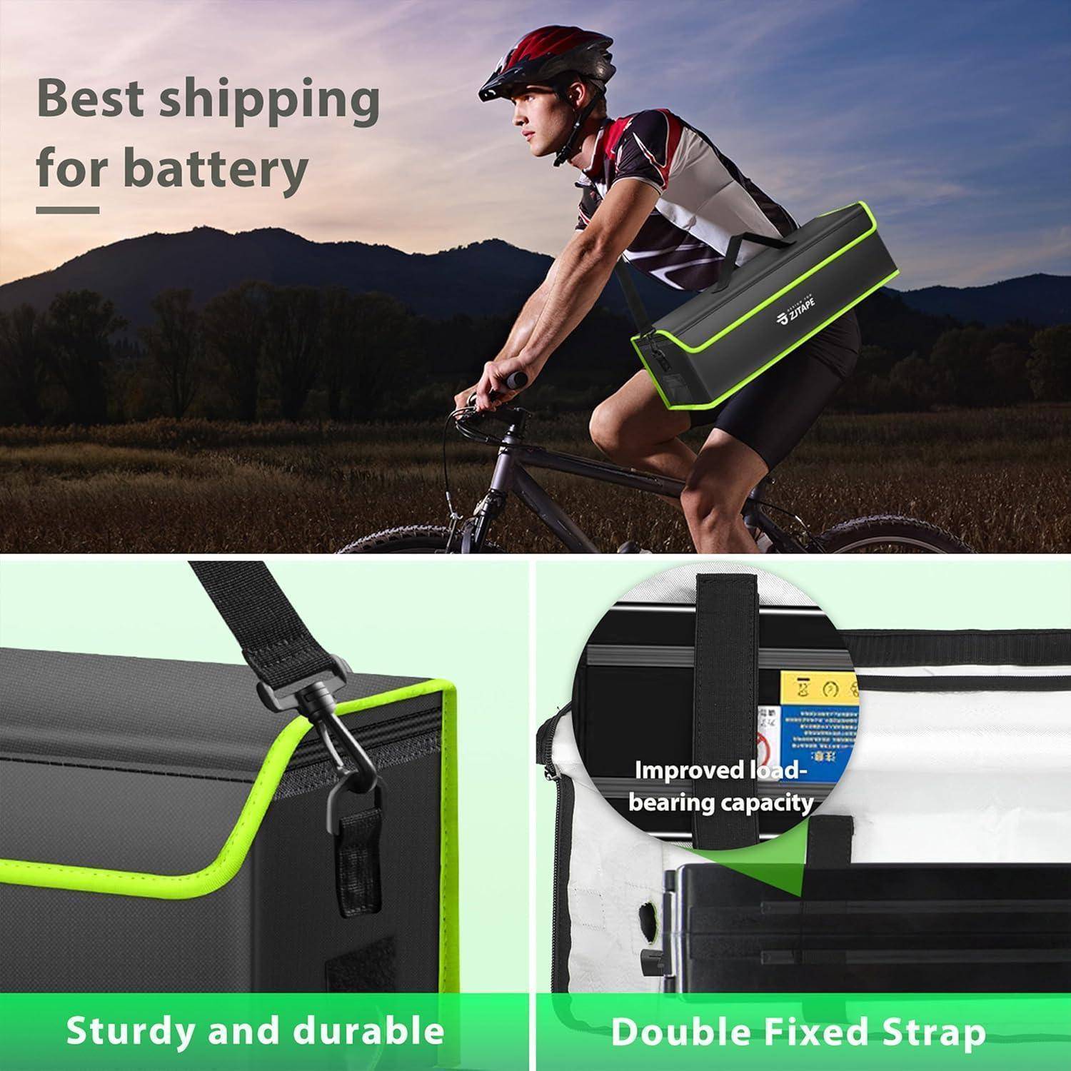 Werbebild eines Radfahrers, der eine schwarze Batterietasche trägt; Text besagt „Bester Versand für Batterie", „Robust und langlebig"" und „Doppelter Befestigungsriemen"", was sichere, haltbare Montage hervorhebt.
