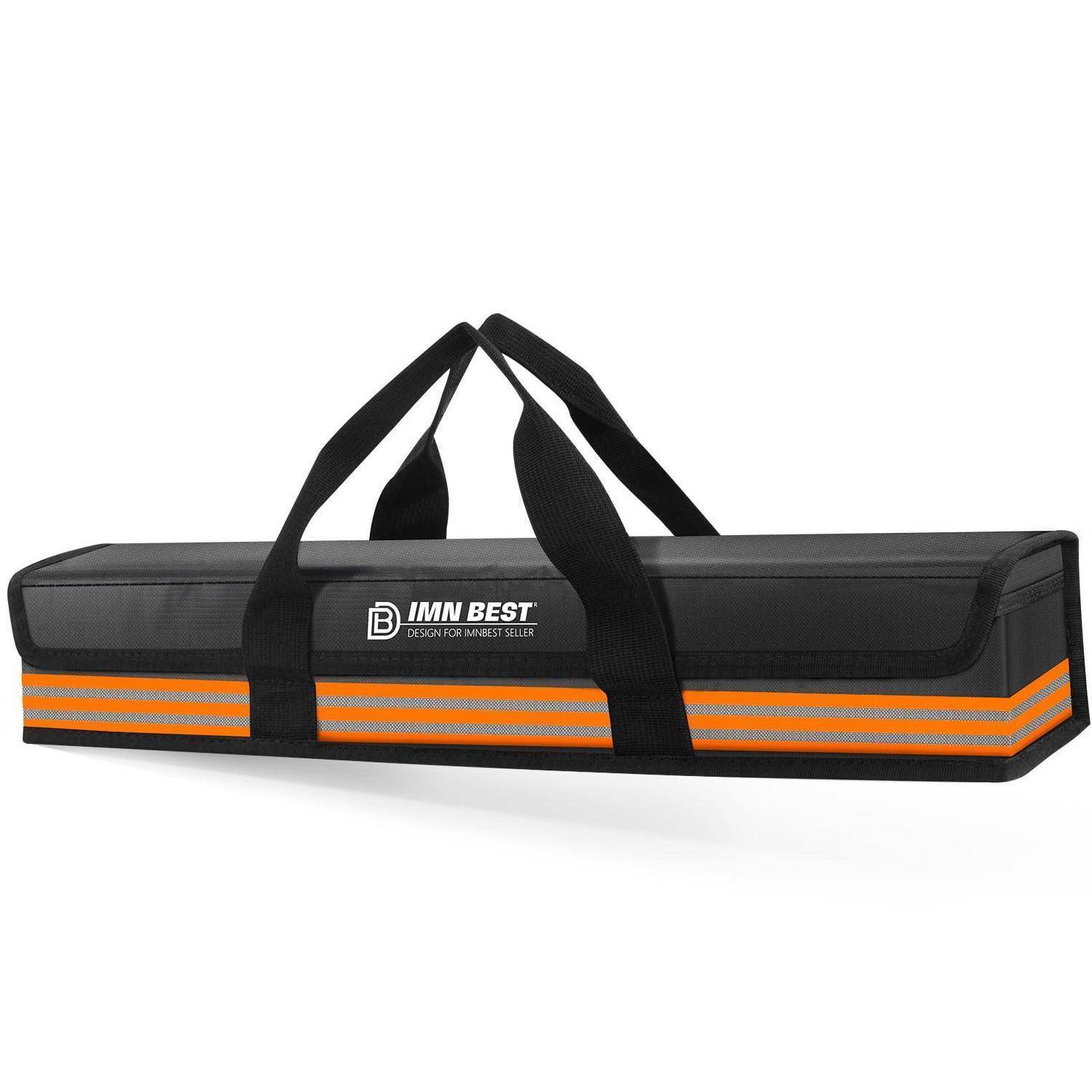 Schwarze rechteckige Transporttasche mit Griffen und orangefarbenen Reflexionsstreifen, mit der Marke „JMN BEST