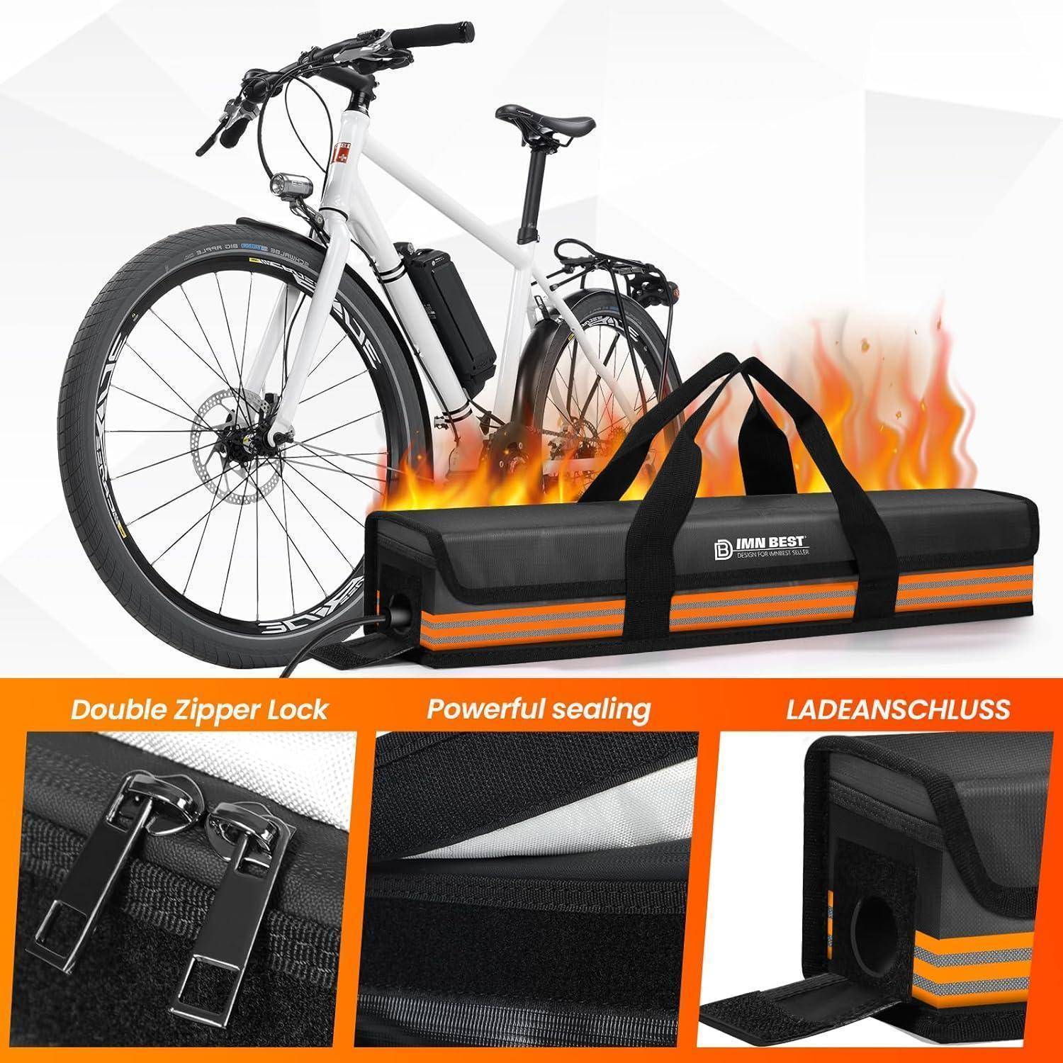 Ebike Akku Tasche Feuerfeste Box für Akkus mit Ladekabel Kabeldurchführung - E-Bike Akku Schutzhülle inkl. praktischen Tragegurt - Akkubox feuerfes