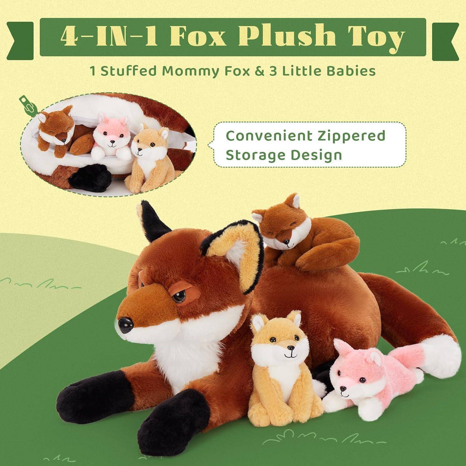 MorisMos 4 stücke Fuchs Kuscheltier XXL Set, 55cm riesen Fuchs Kuscheltier mit 3 Babys im Bauch, groß Plüschtier Stofftier, Foxteddy als Geschenk