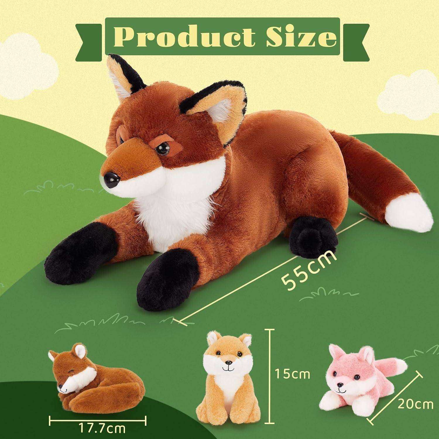 MorisMos 4 stücke Fuchs Kuscheltier XXL Set, 55cm riesen Fuchs Kuscheltier mit 3 Babys im Bauch, groß Plüschtier Stofftier, Foxteddy als Geschenk