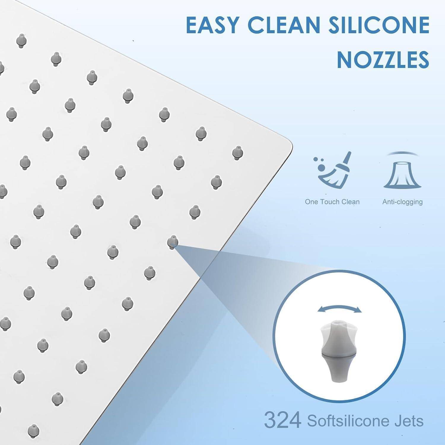 Werbegrafik eines Duschkopfblatts mit vielen Silikonnoppen, beschriftet mit „Easy Clean Silicone Nozzles