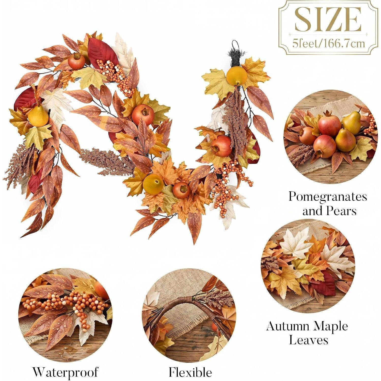 Herbstkranz mit Granatäpfeln, Birnen und Ahornblättern; eingefügte Nahaufnahmen mit den Beschriftungen „Granatäpfel und Birnen", „Herbst-Ahornblätter"", „Wasserdicht"" und „Flexibel"".