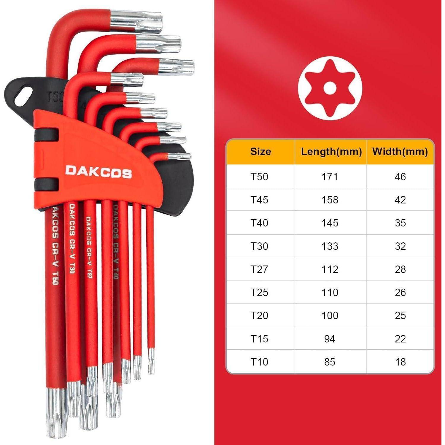 DAKCOS 18 tlg Torx Innensechskantschlüssel mit Griff TX & HX Winkelschlüssel | T10-T50 & 1,5mm-10mm | Cr-V 9tlg-HX + 9tlg-TX