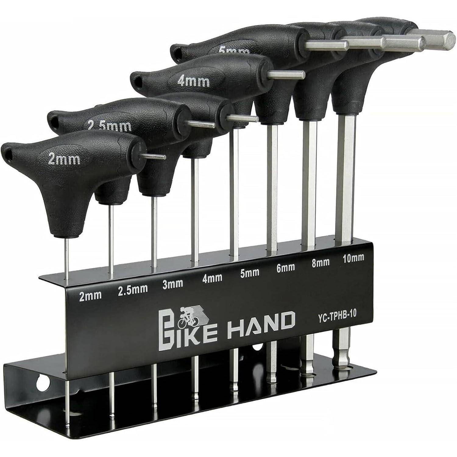 Bike Hand Sechskantschlüssel-Set in einem Metallständer, gekennzeichnet von 2 mm bis 10 mm, mit T-Griff-Schraubenschlüsseln zur Fahrradreparatur.