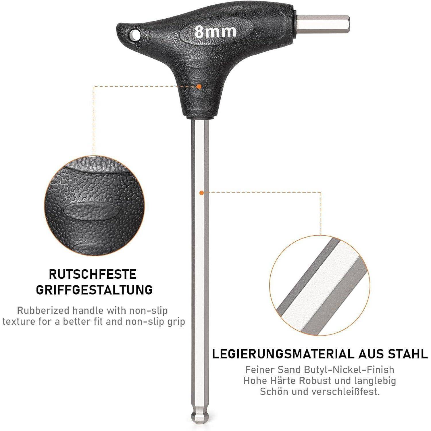 8mm T-Griff-Innensechskantschlüssel mit gummierten rutschfestem Griff und Stahlschaft, mit Nahaufnahmen, die strukturierte Griff- und Legierungsoberfläche hervorheben.