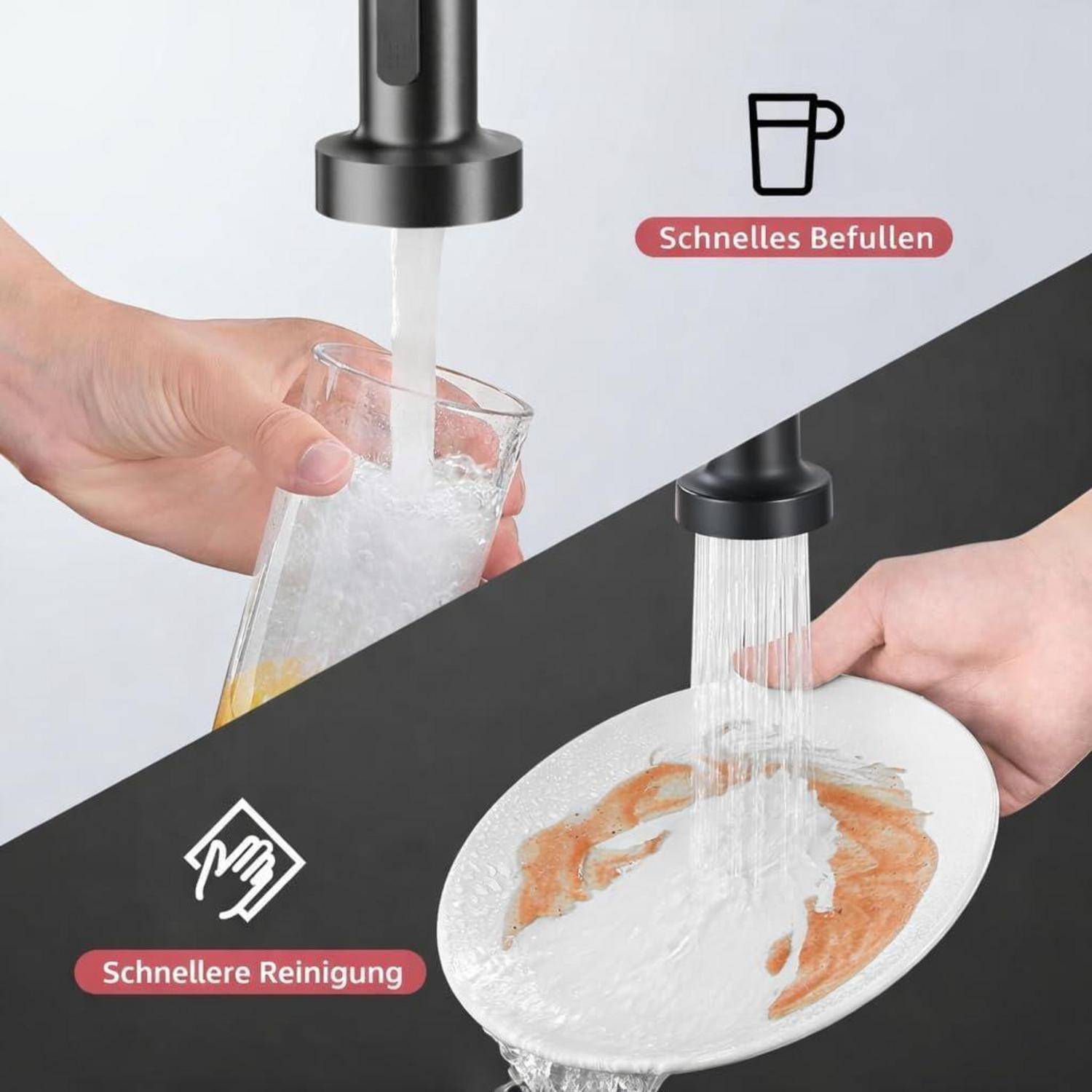 Gespaltenes Bild, das einen Wasserhahn zeigt, der schnell ein Glas füllt, und das Abspülen eines Tellers unter einem starken Wasserstrahl, mit den Beschriftungen „Schnelles Befüllen