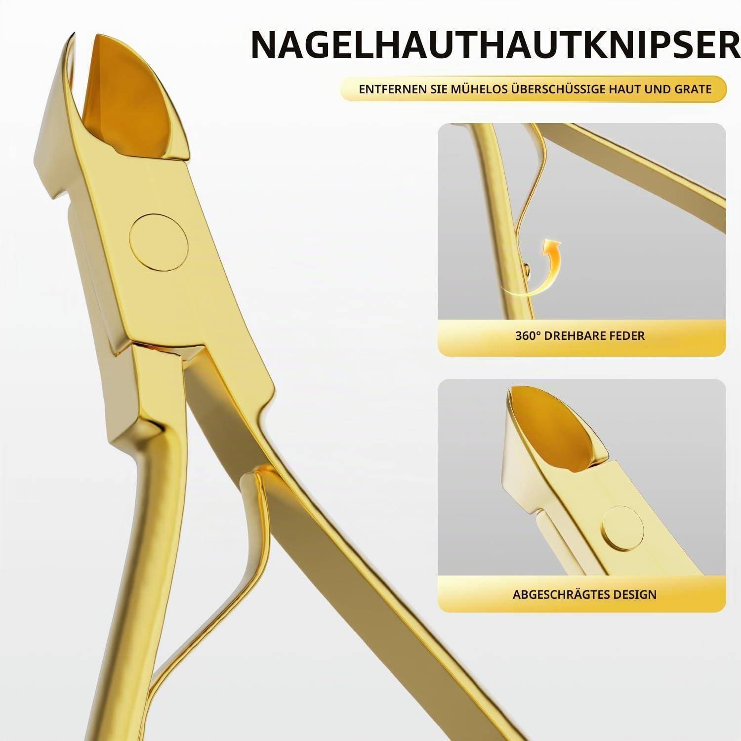 Goldfarbene Nagelkutikula-Zange mit deutschen Etiketten, die eine 360° drehbare Feder und ein abgewinkeltes Design zum Entfernen von überschüssiger Haut und Nietnägeln hervorheben.