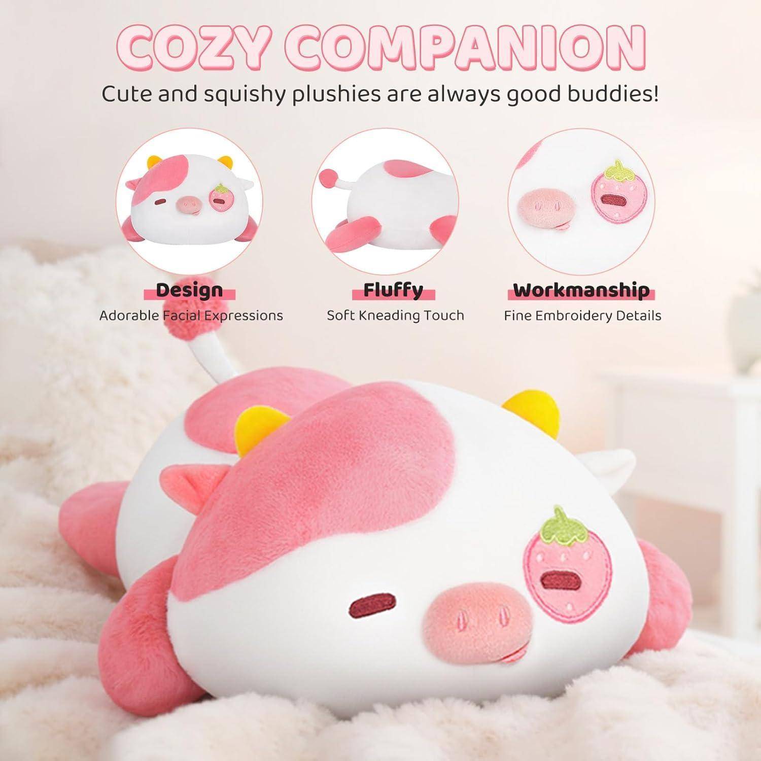 Mewaii Süßes Erdbeer-Kuh Kuscheltier Plüschkissen für Kinder,Weiche 33 cm Kuscheltiere,Kawaii Plüschtier Kuh,Entspannungs und Dekorationskissen f