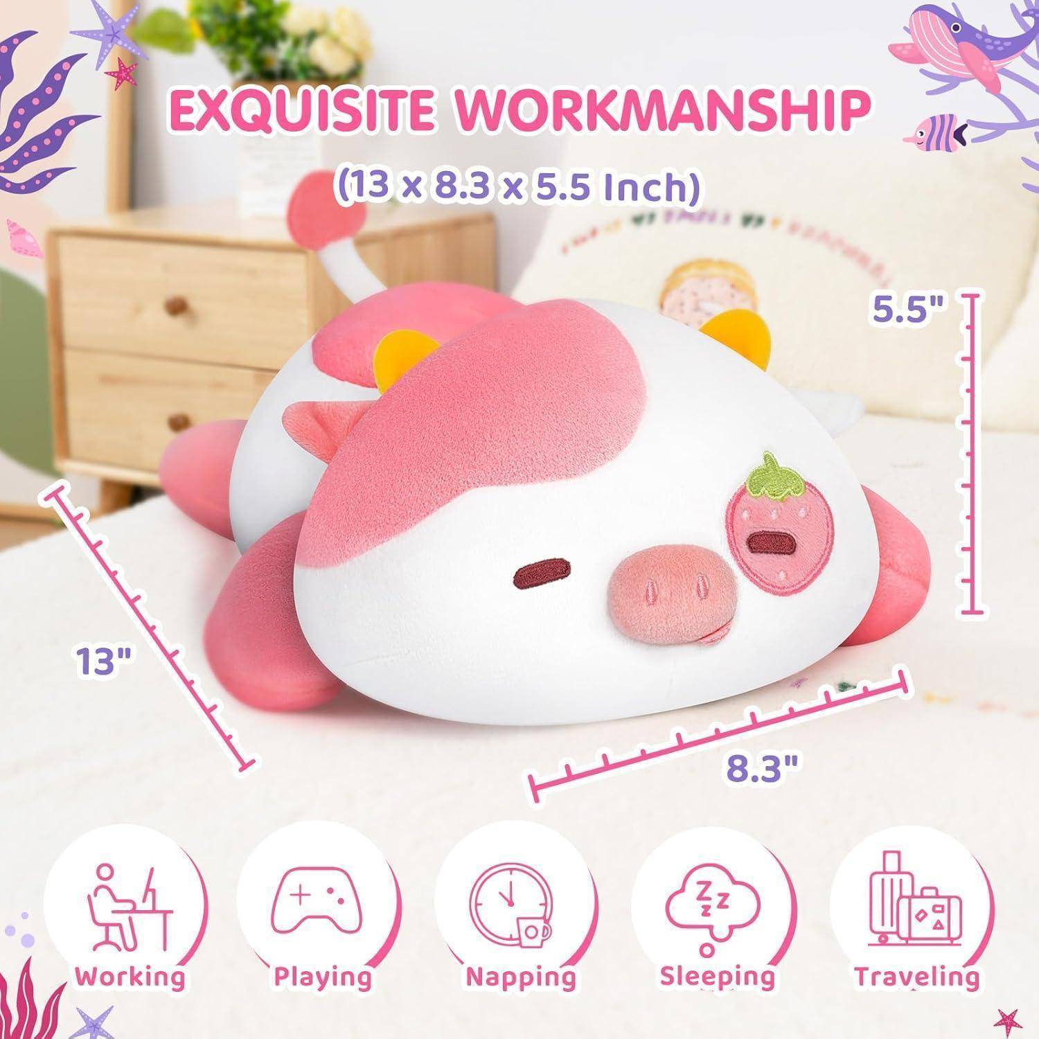 Mewaii Süßes Erdbeer-Kuh Kuscheltier Plüschkissen für Kinder,Weiche 33 cm Kuscheltiere,Kawaii Plüschtier Kuh,Entspannungs und Dekorationskissen f