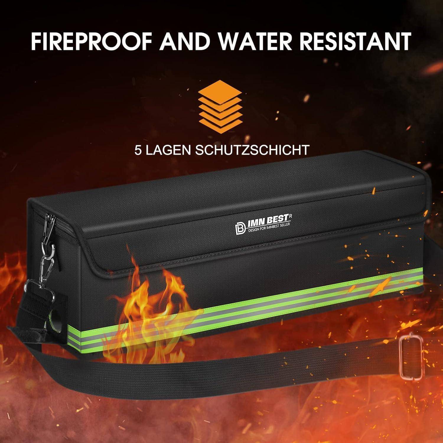 Schwarze feuerfeste und wasserfeste Tasche mit Riemen, gekennzeichnet mit „5-schichtige Schutzschicht